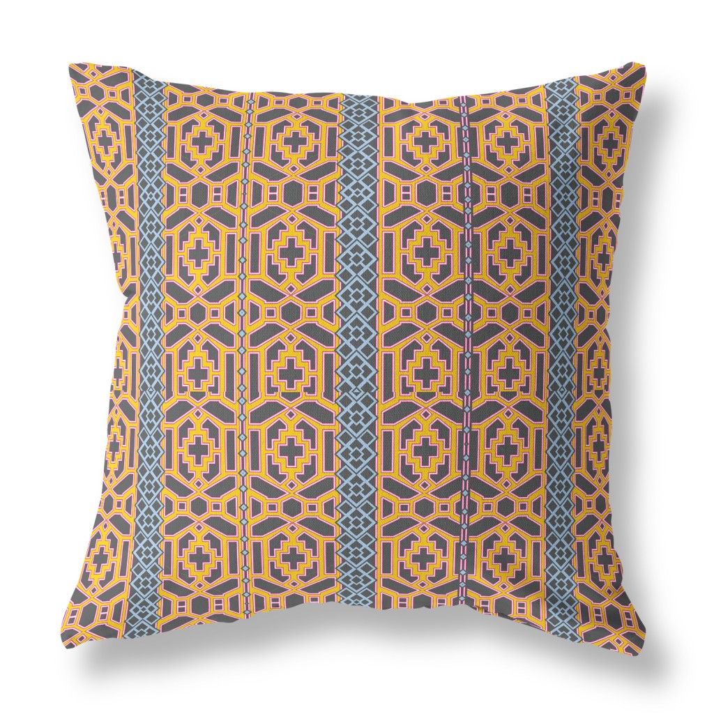 18" X 18" Brown And Yellow Zippered Trellis Indoor Outdoor Throw Pillow