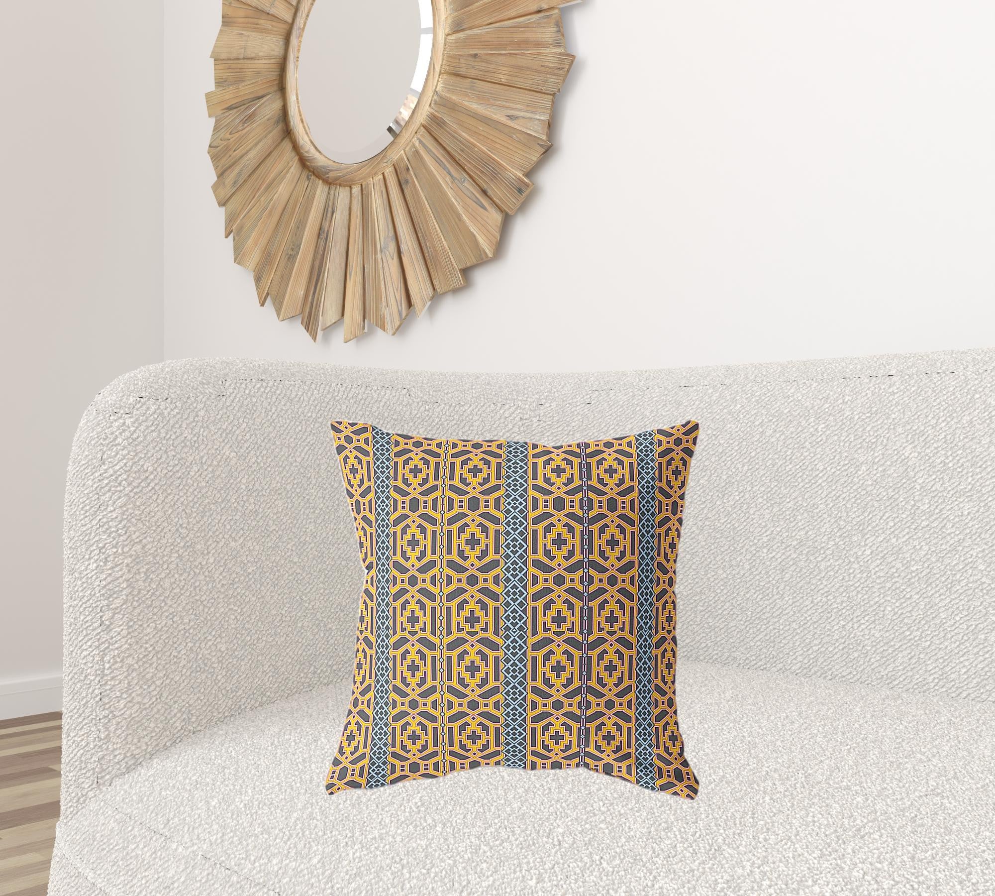 18" X 18" Brown And Yellow Zippered Trellis Indoor Outdoor Throw Pillow