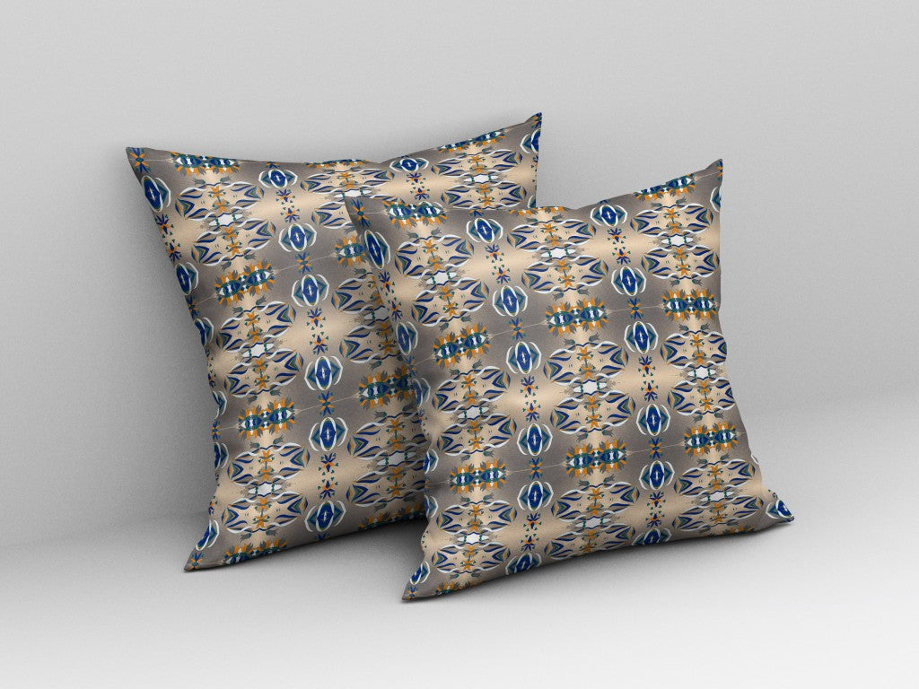 16” Brown Blue Patterned Indoor Outdoor Zippered Throw Pillow