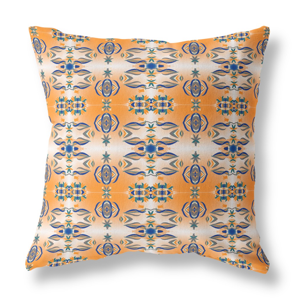 16” Orange Blue Patterned Indoor Outdoor Zippered Throw Pillow