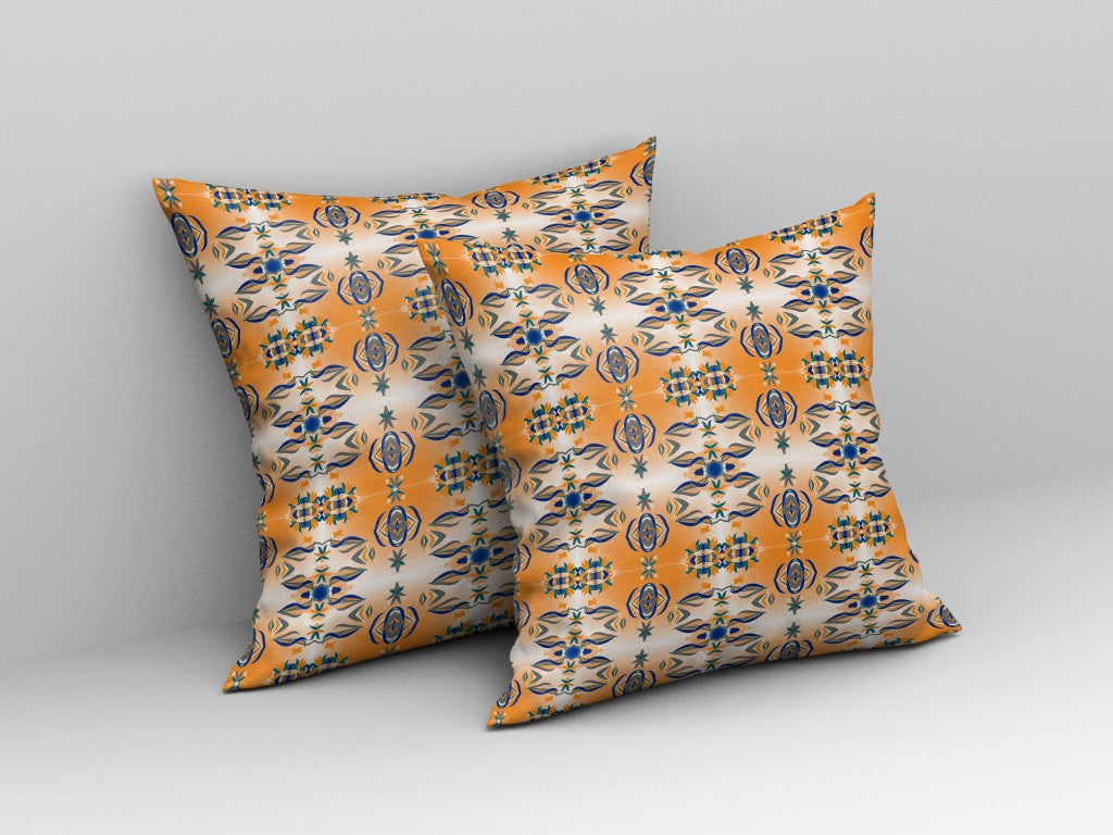 18” Orange Blue Patterned Indoor Outdoor Zippered Throw Pillow