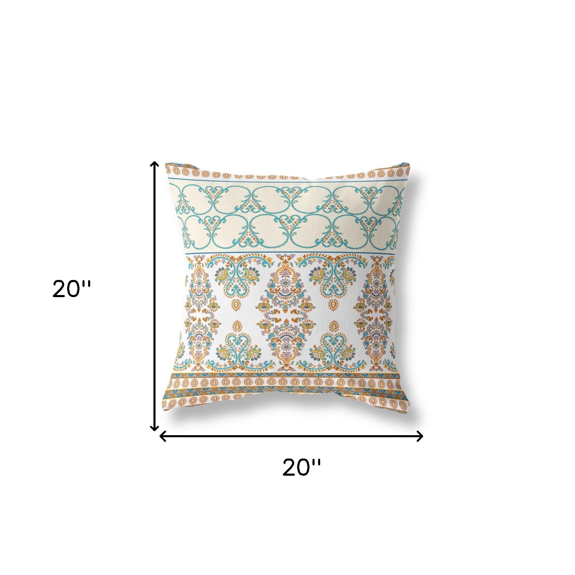 18" X 18" White And Blue Zippered Damask Indoor Outdoor Throw Pillow