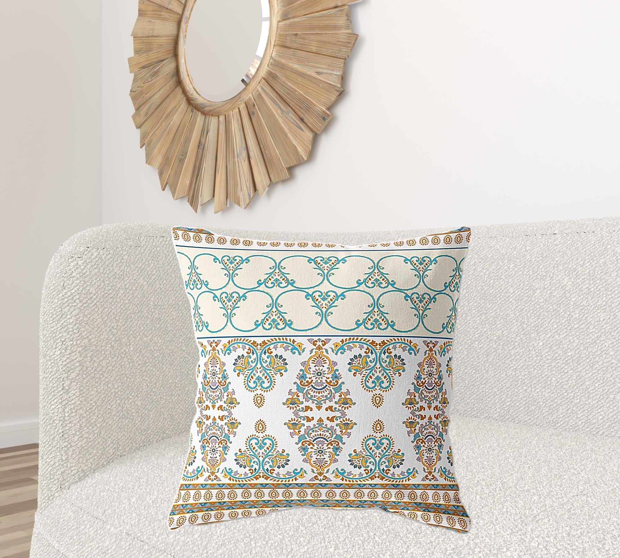 18" X 18" White And Blue Zippered Damask Indoor Outdoor Throw Pillow