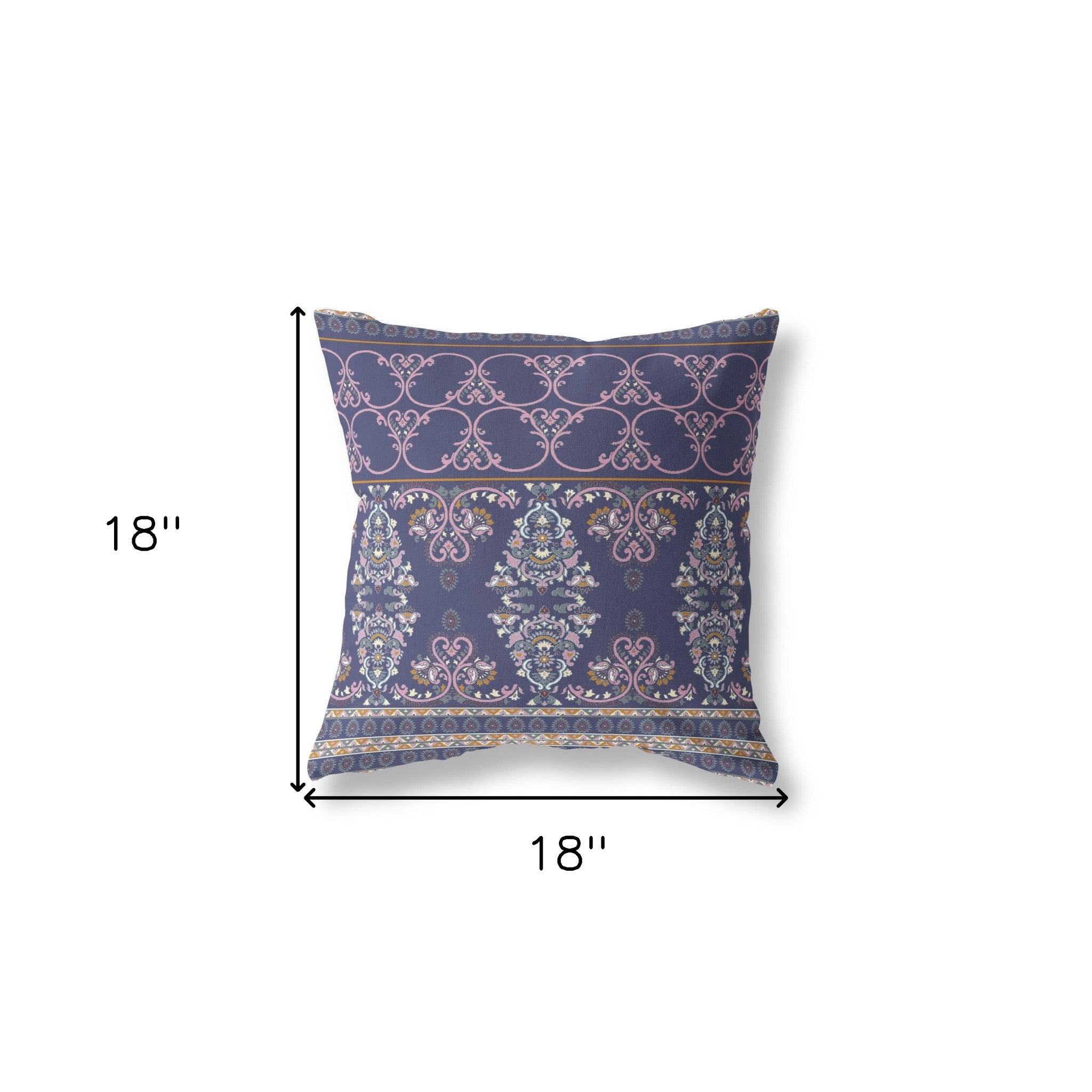 18" X 18" Blue And Pink Zippered Damask Indoor Outdoor Throw Pillow