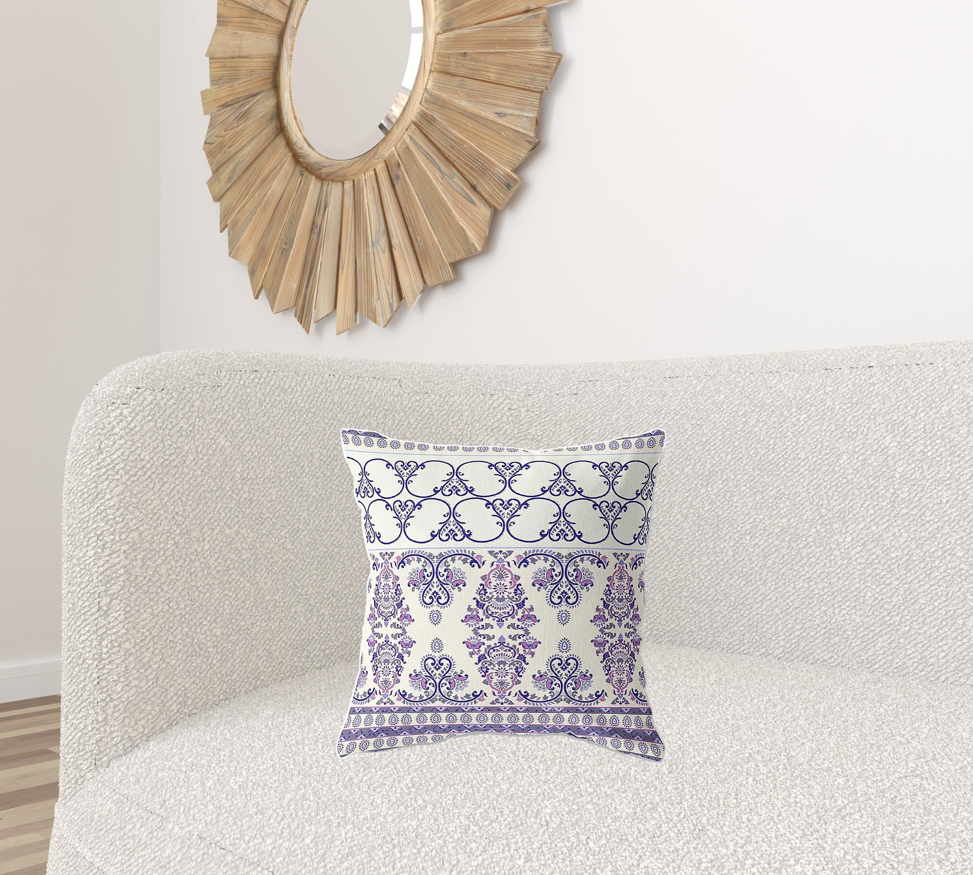 18" X 18" Off White And Navy Zippered Damask Indoor Outdoor Throw Pillow