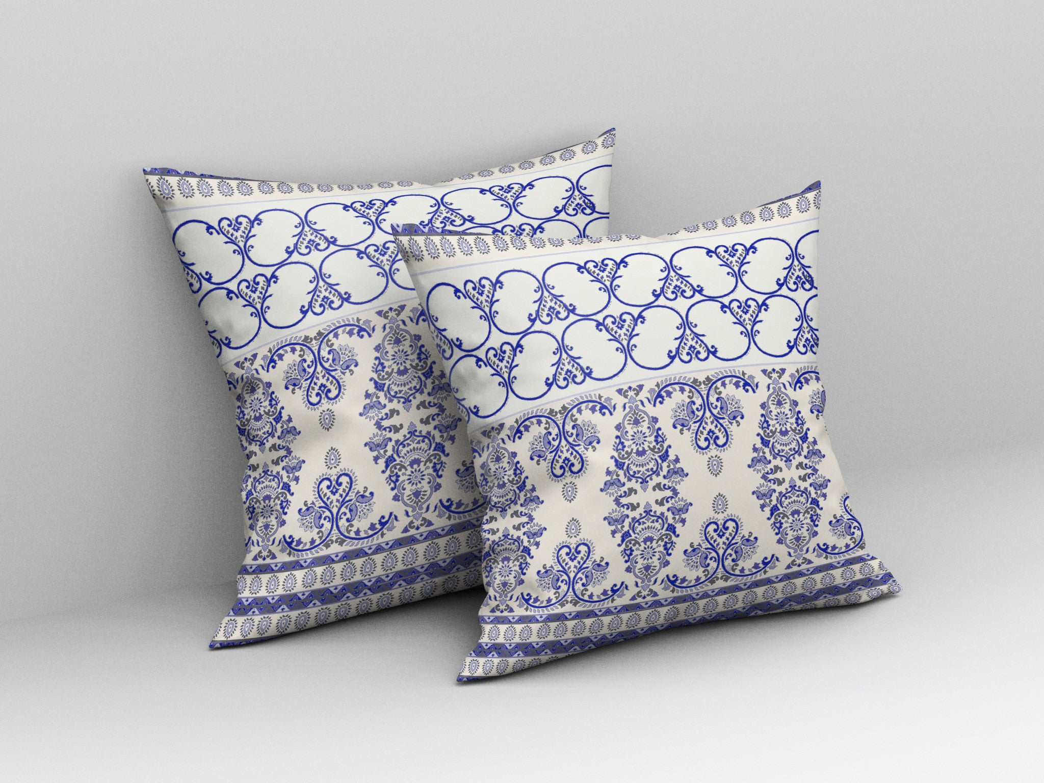 16" X 16" Off White And Blue Zippered Damask Indoor Outdoor Throw Pillow