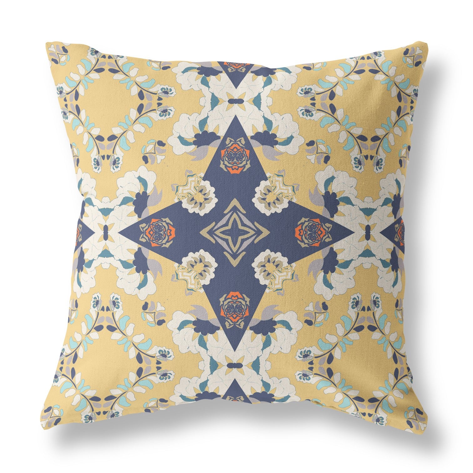 16” Yellow Navy Diamond Star Indoor Outdoor Zippered Throw Pillow