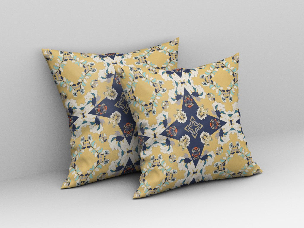 18” Yellow Navy Diamond Star Indoor Outdoor Zippered Throw Pillow