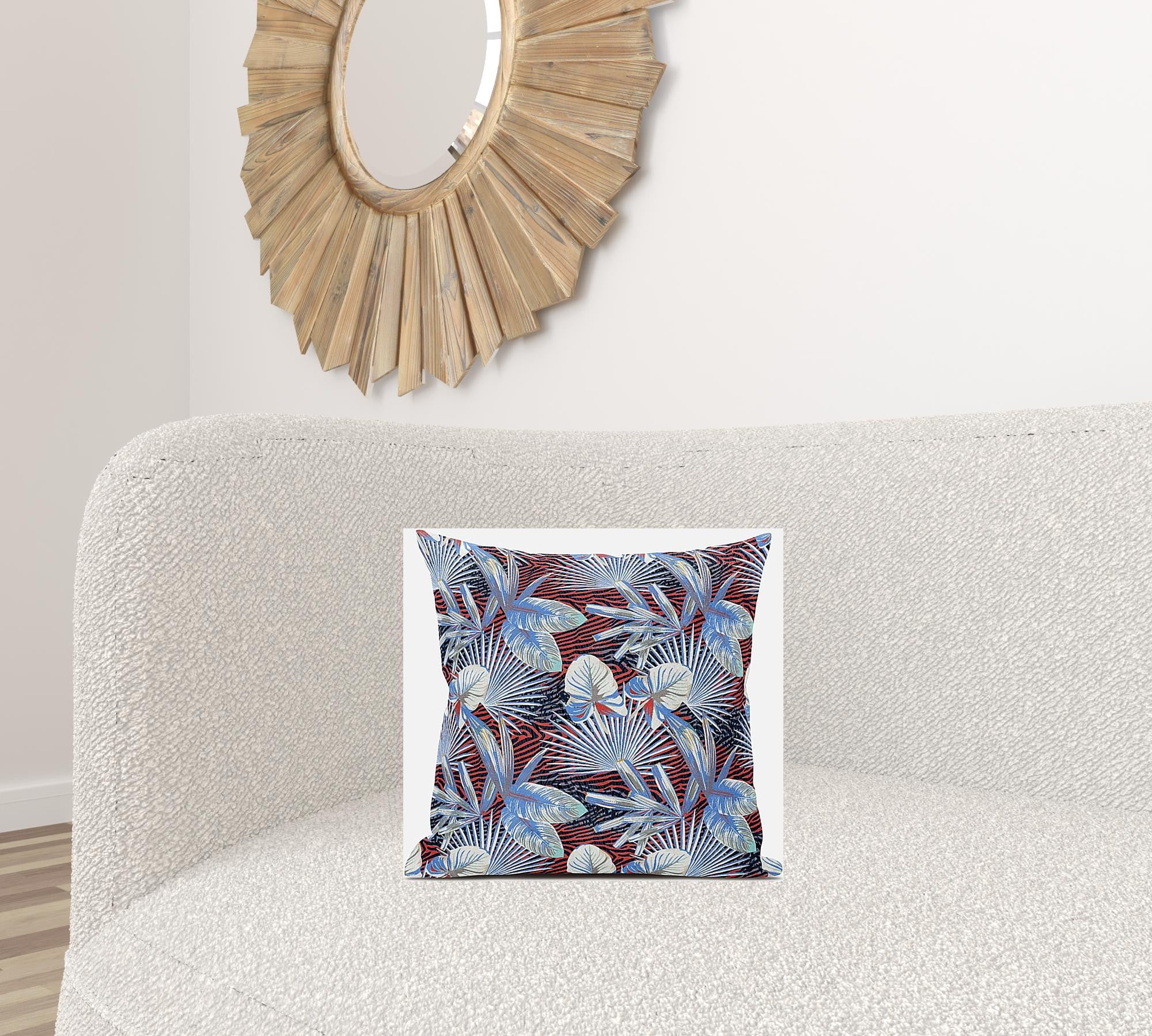 16” Blue Red Tropical Suede Throw Pillow