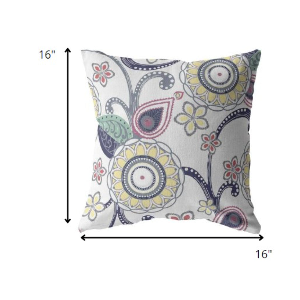 16” White Yellow Floral Suede Throw Pillow