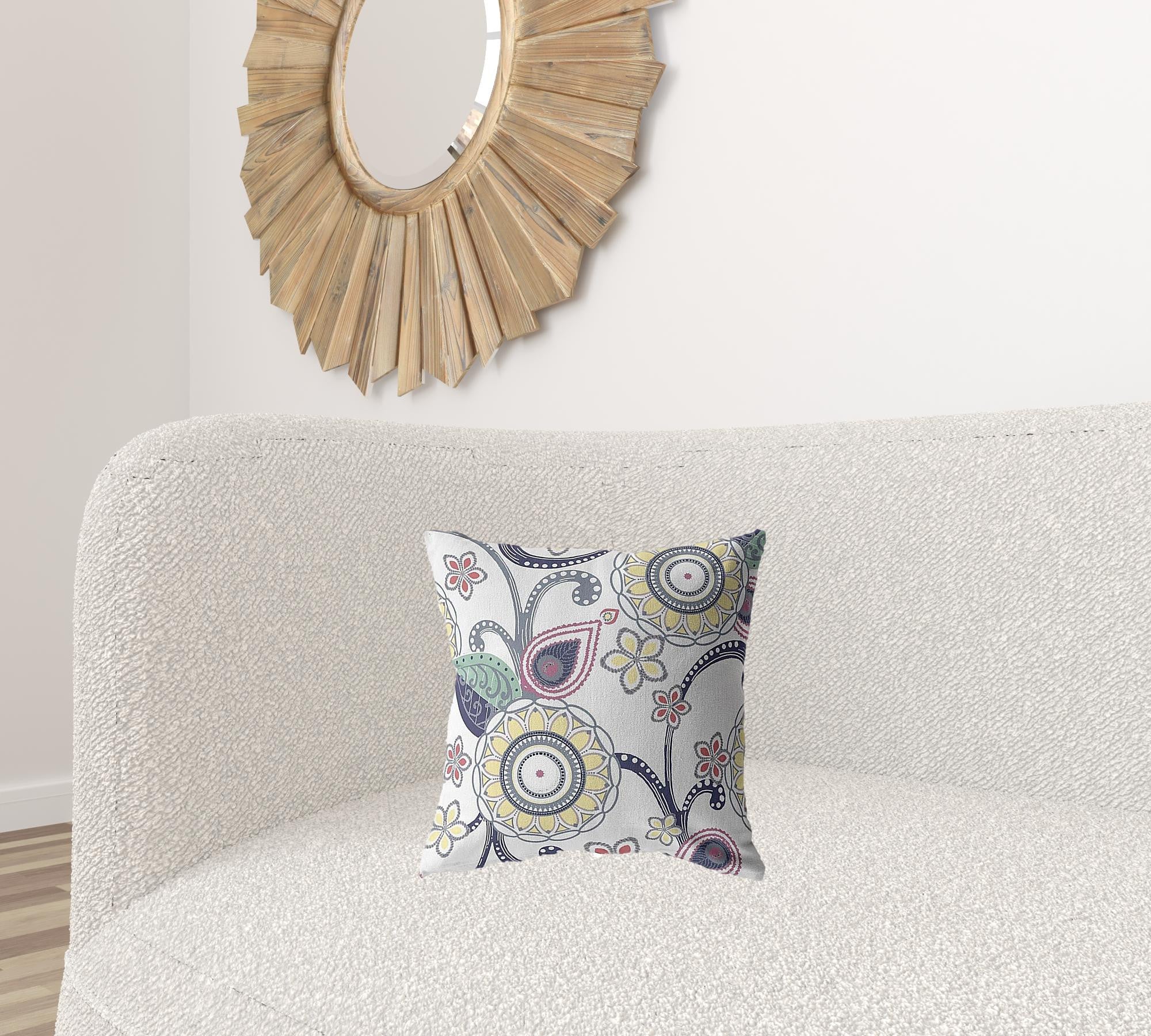 16” White Yellow Floral Suede Throw Pillow