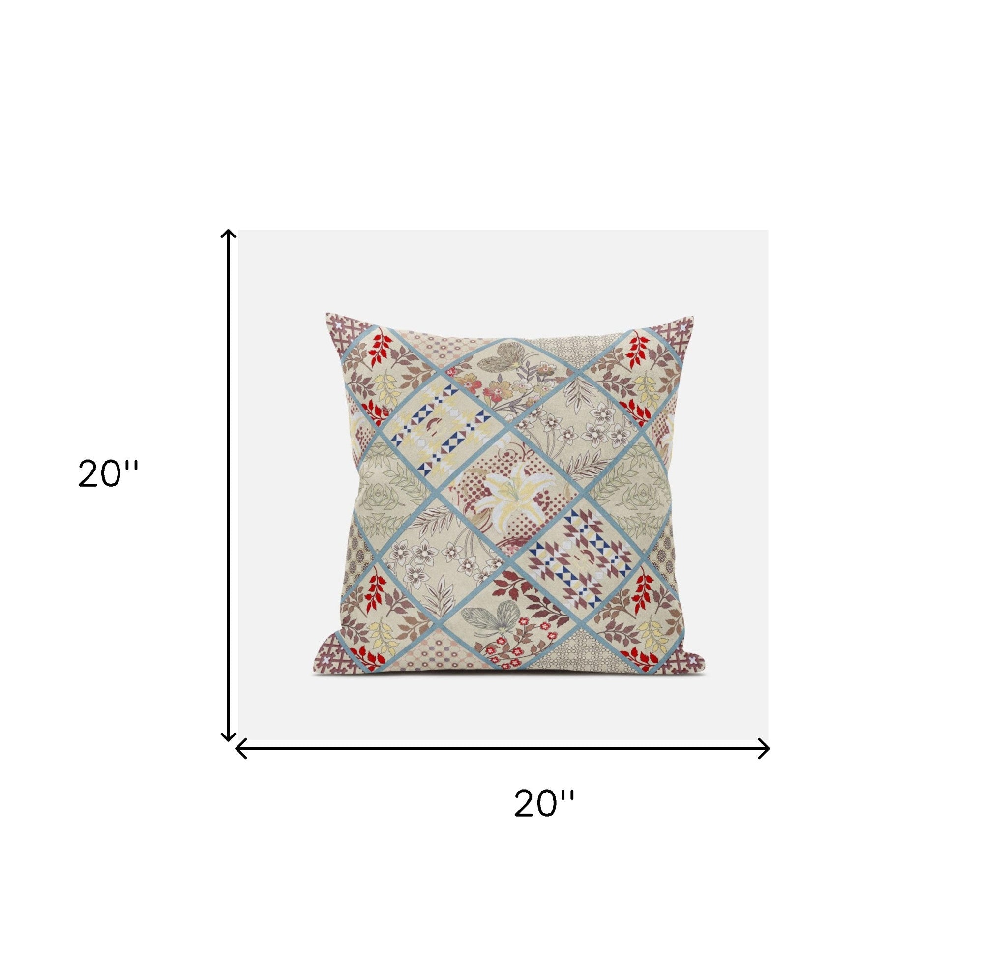 18” Cream Red Patch Suede Zippered Throw Pillow