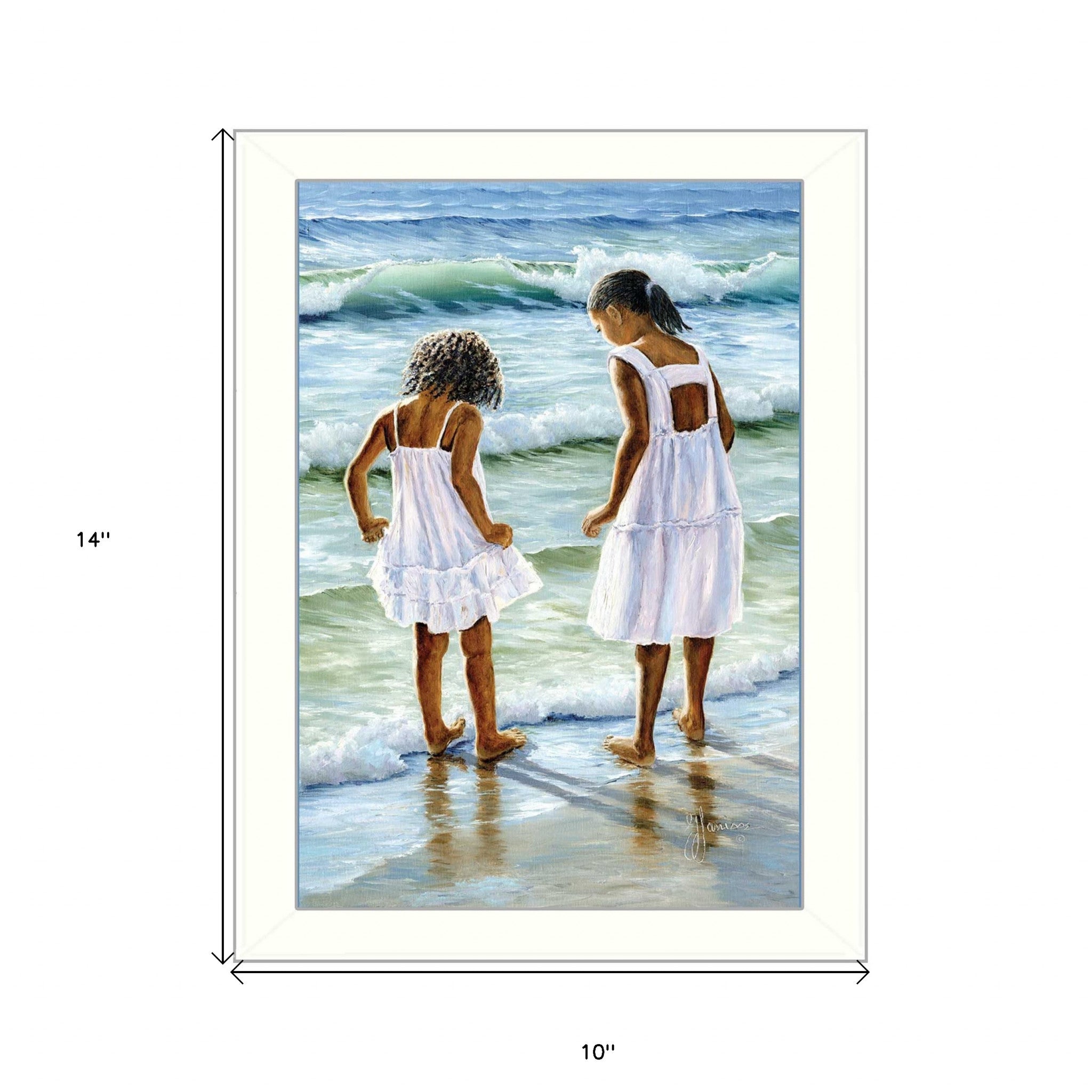 Two Girls at the Beach 1 White Framed Print Wall Art