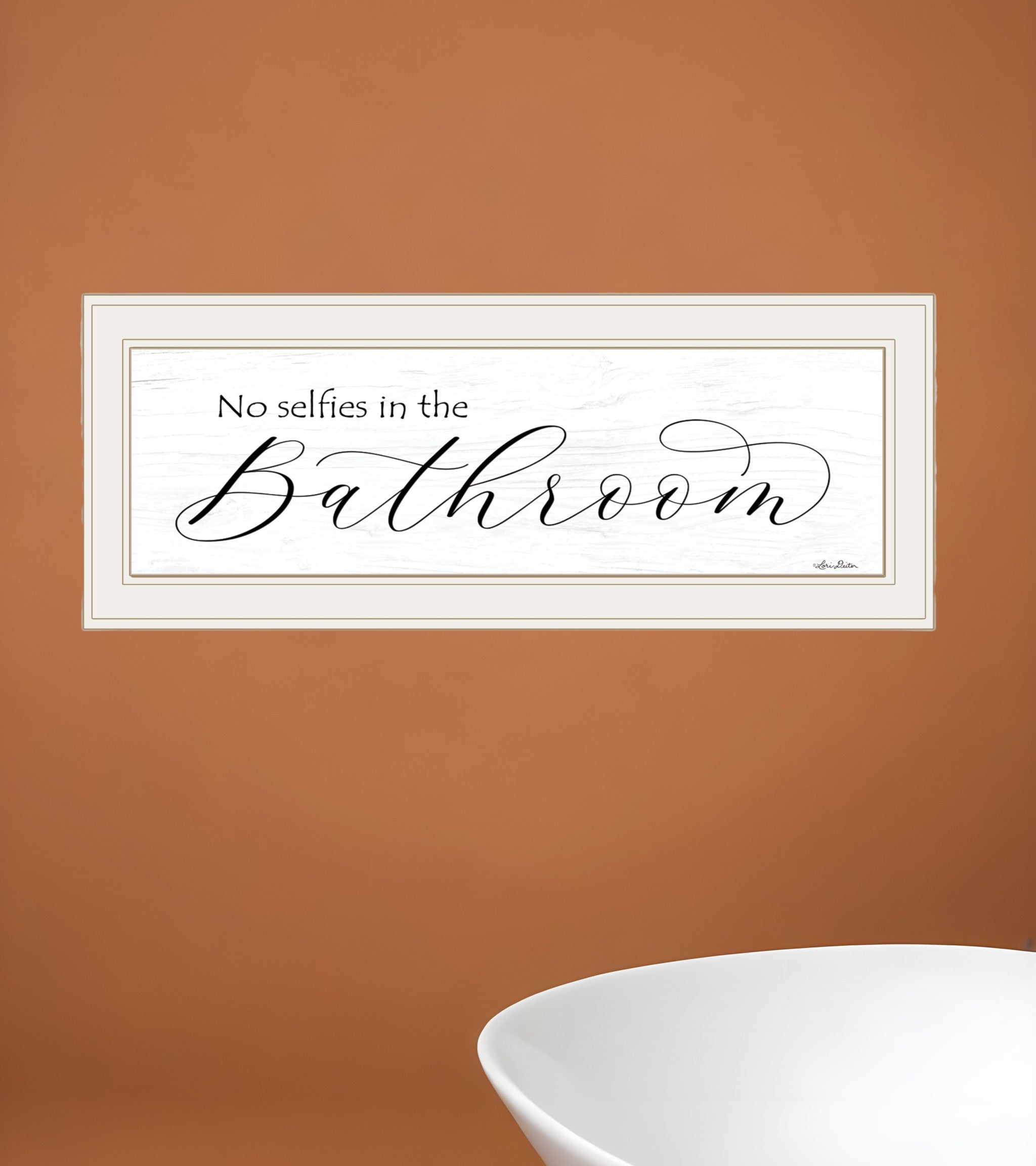 No Selfies in the Bathroom 1 White Framed Print Bathroom Wall Art