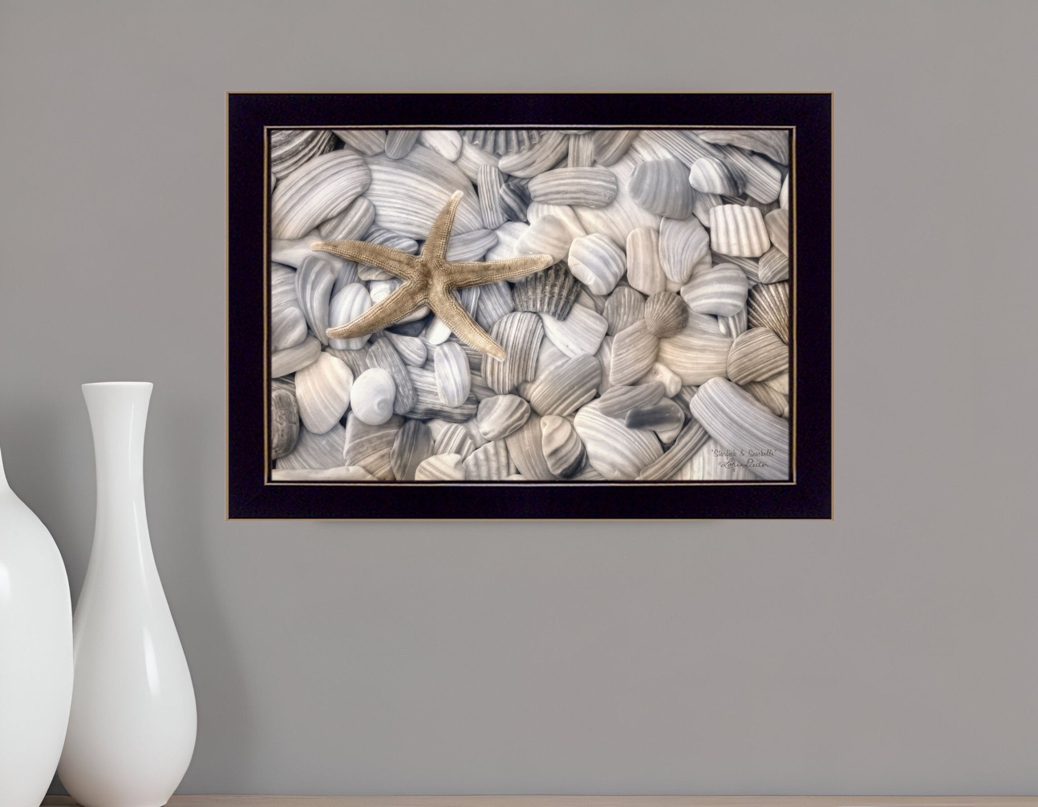 Starfish and Seashell 1 Black Framed Print Wall Art