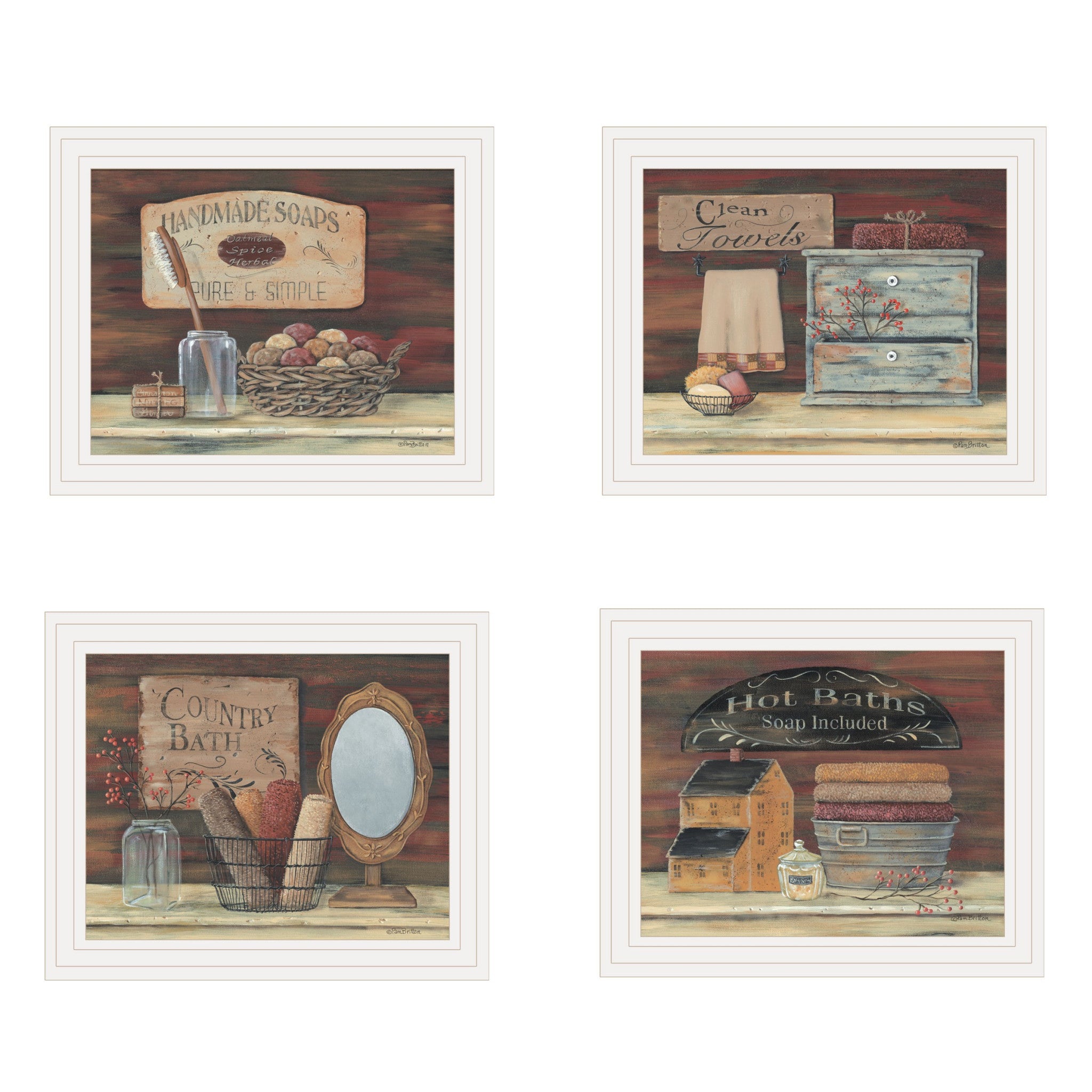 Set Of Four Country Bathroom White Framed Print Bathroom Wall Art