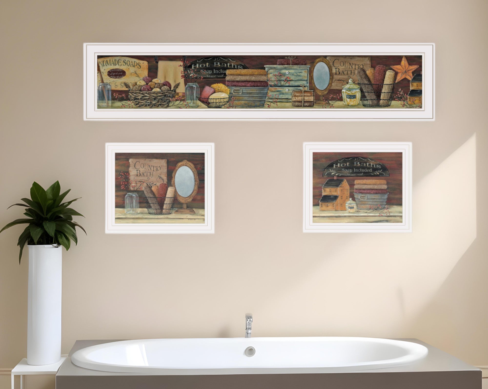 Set Of Three COUNTRY BATH White Framed Print Bathroom Wall Art