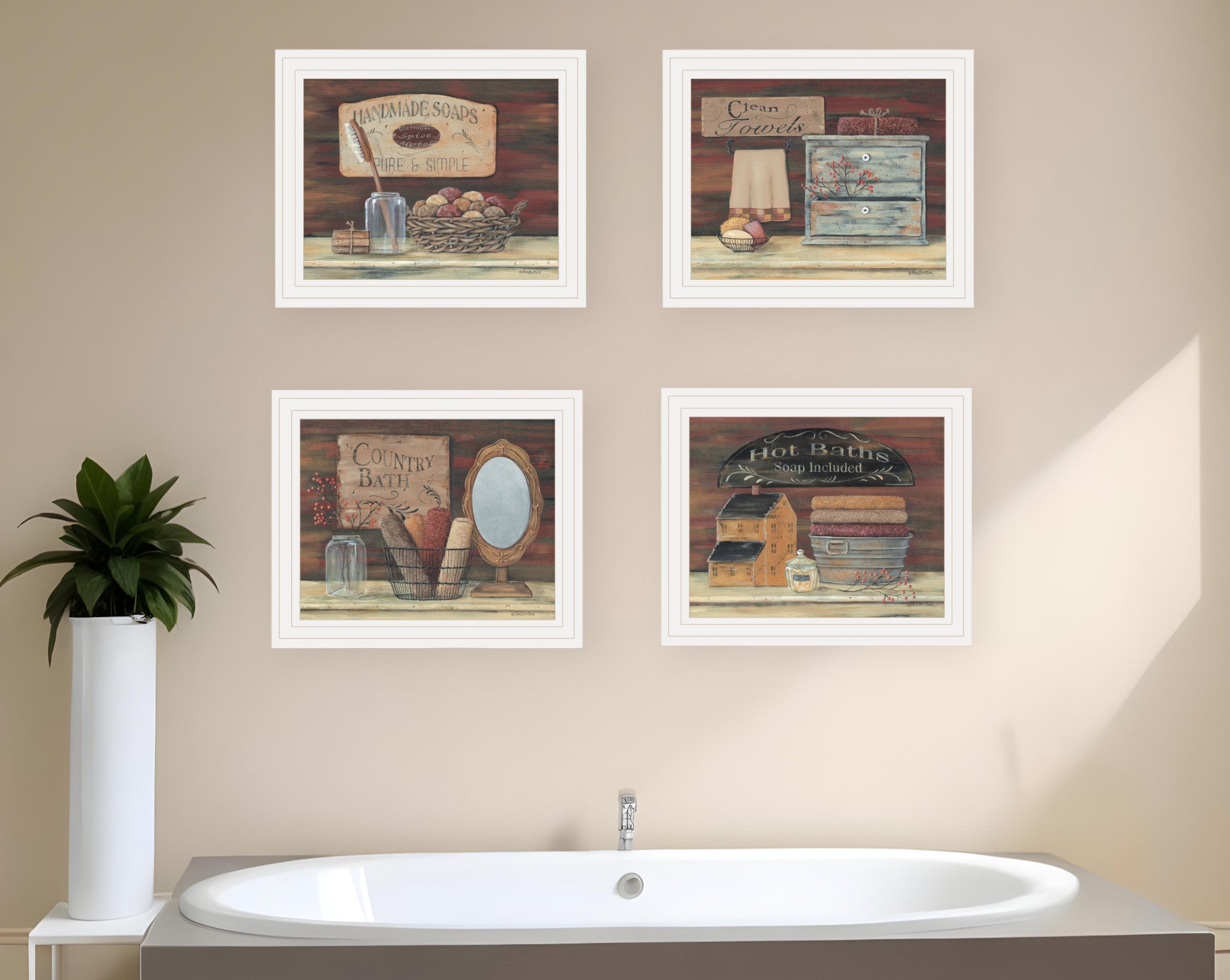 Set Of Four Country Bathroom White Framed Print Bathroom Wall Art