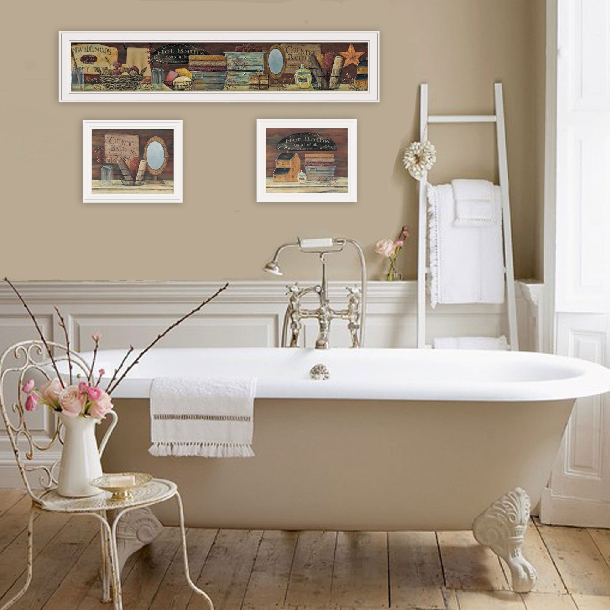 Set Of Three COUNTRY BATH White Framed Print Bathroom Wall Art