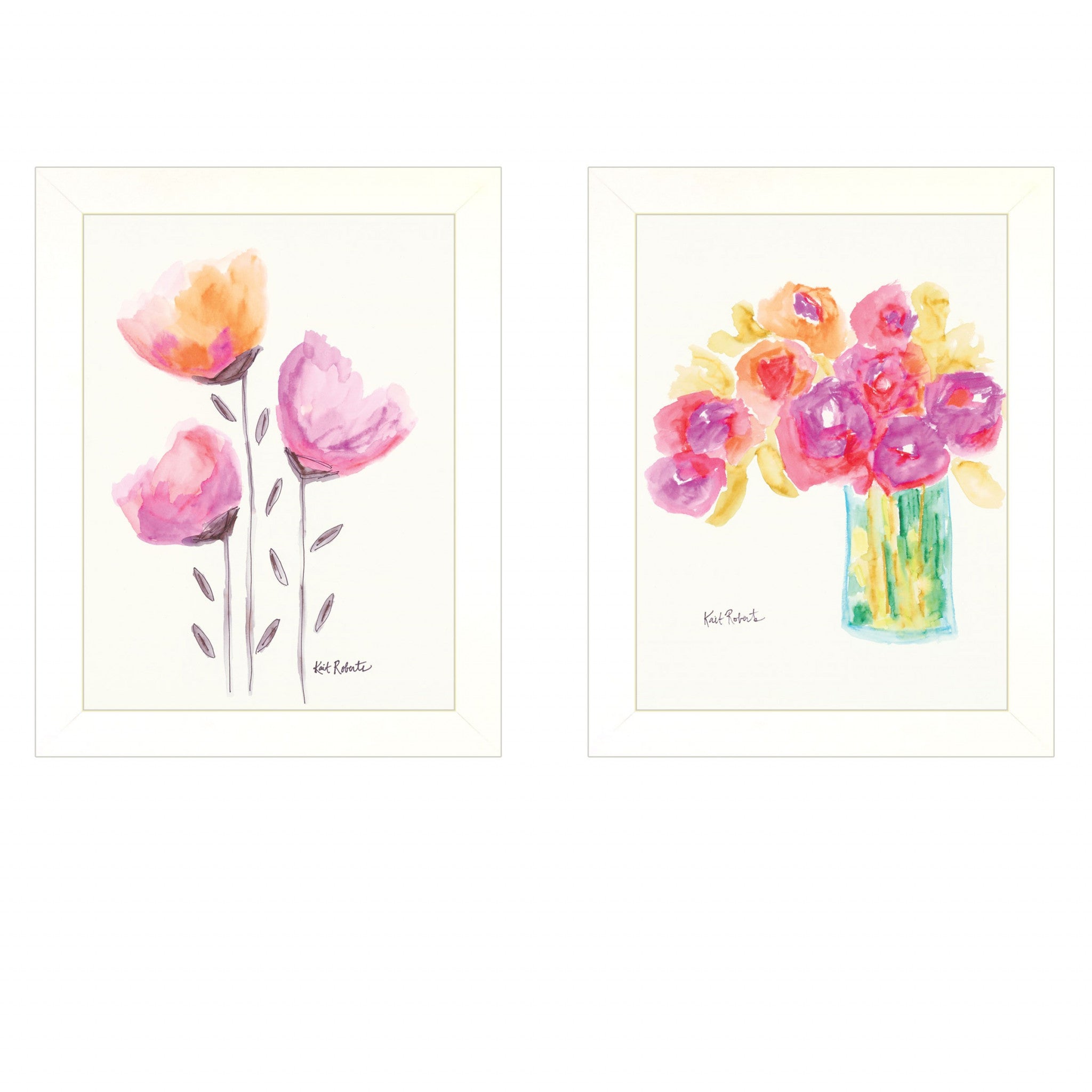 Set Of Two Simple Bouquets White Framed Print Wall Art