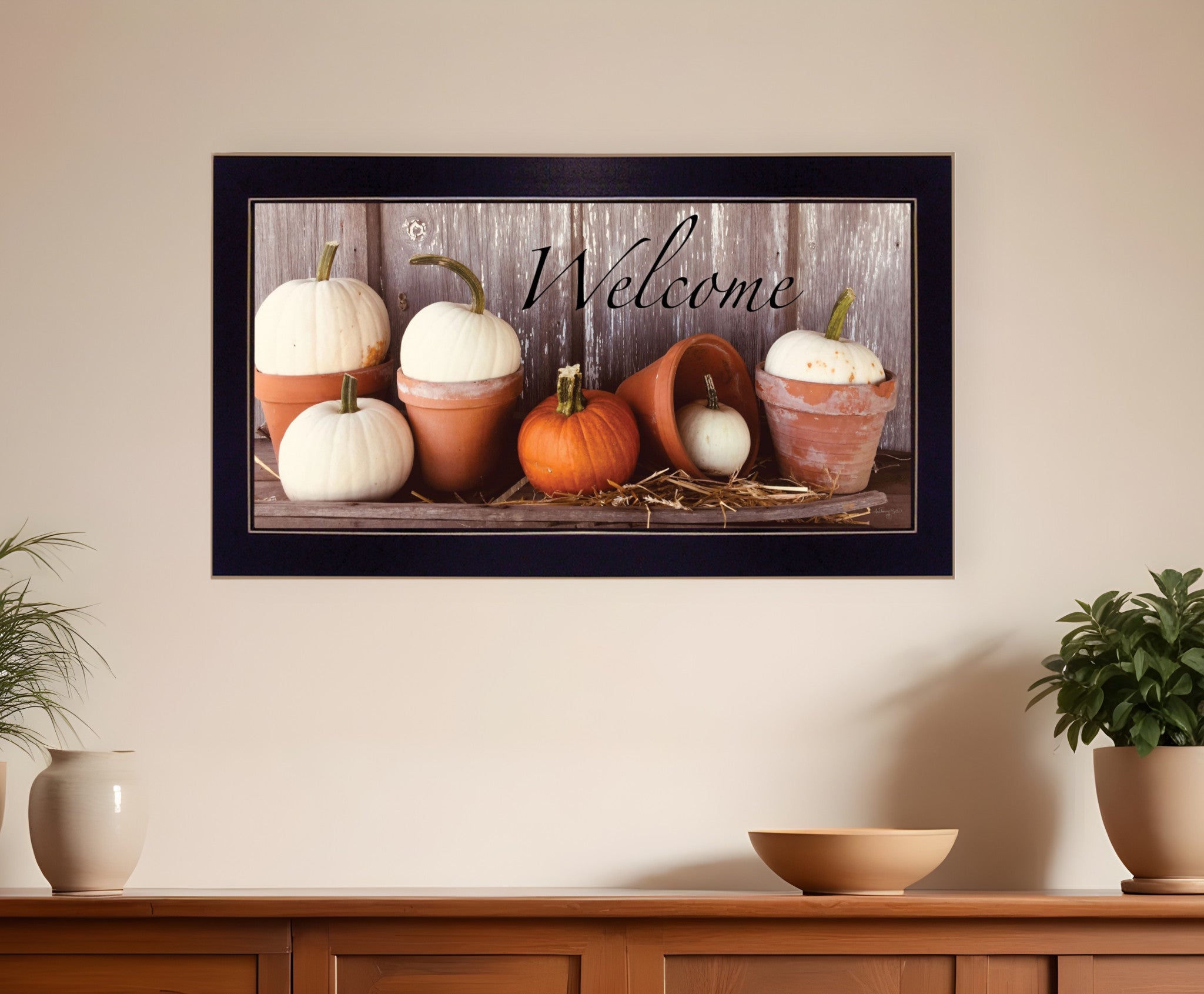 Welcome Pumpkin Shelf 3 Black Framed Print Wall Art