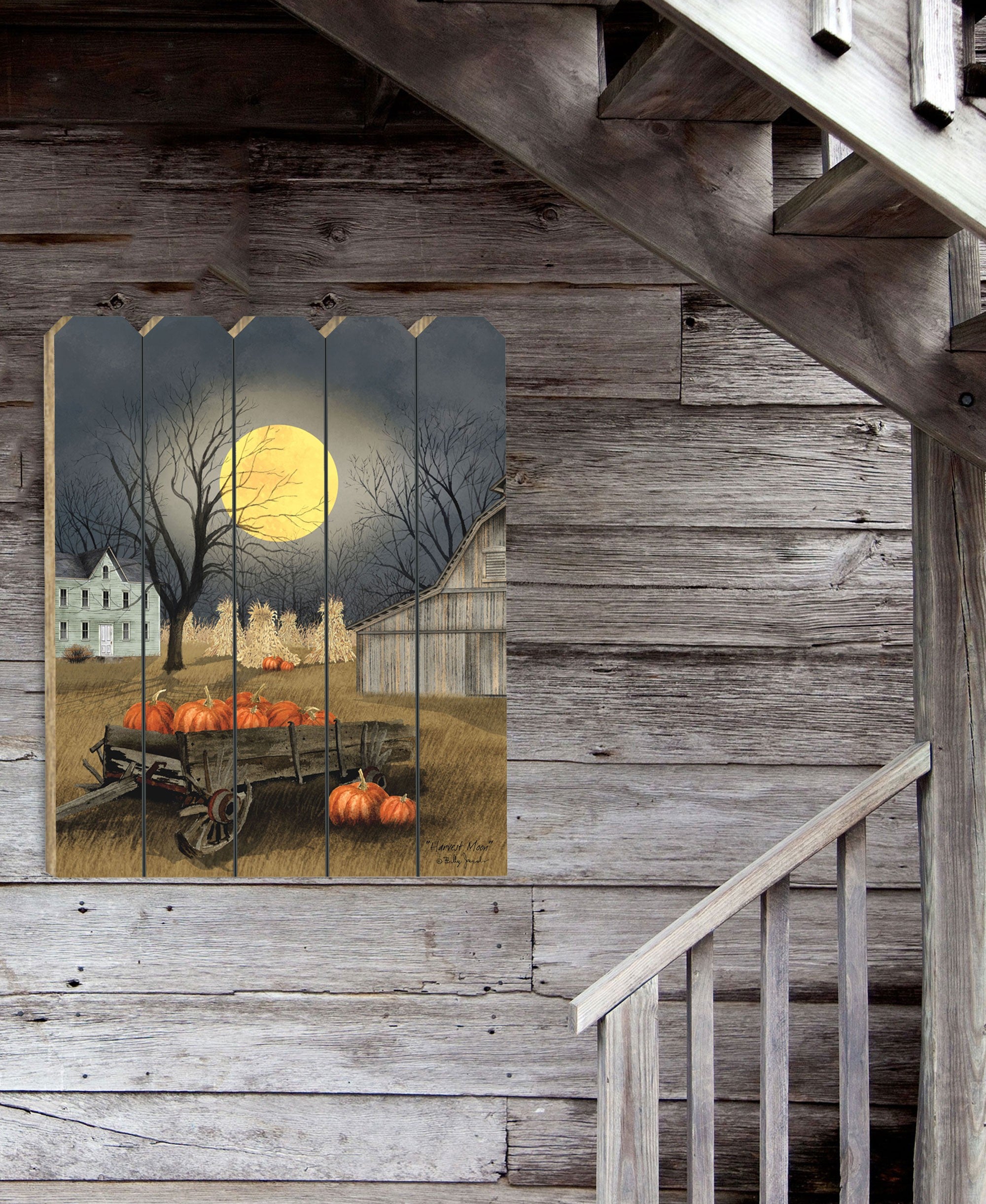 Harvest Moon Pumpkins Unframed Picket Fence Wall Art