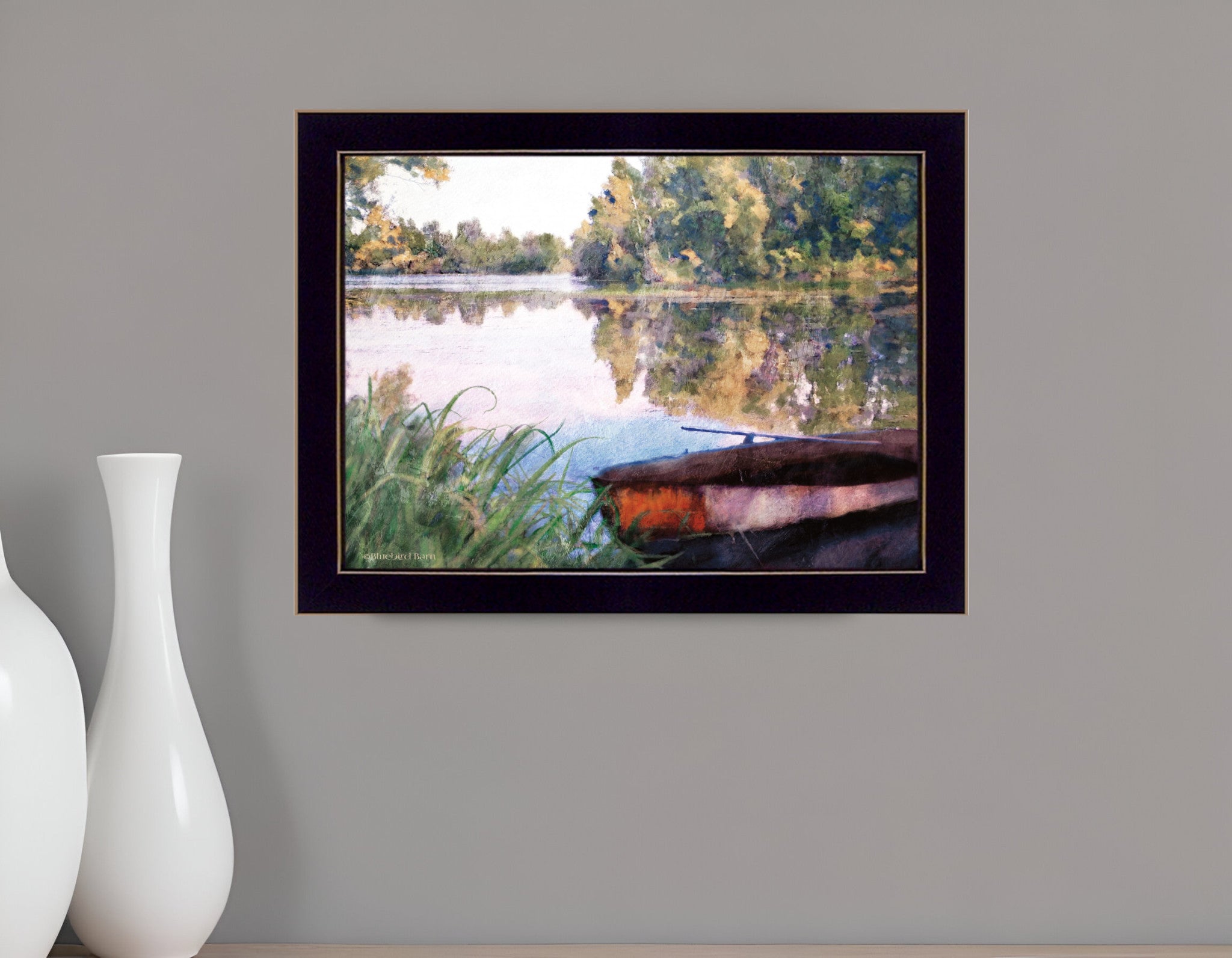 Rowboat Pond Landscape 1 Black Framed Print Wall Art