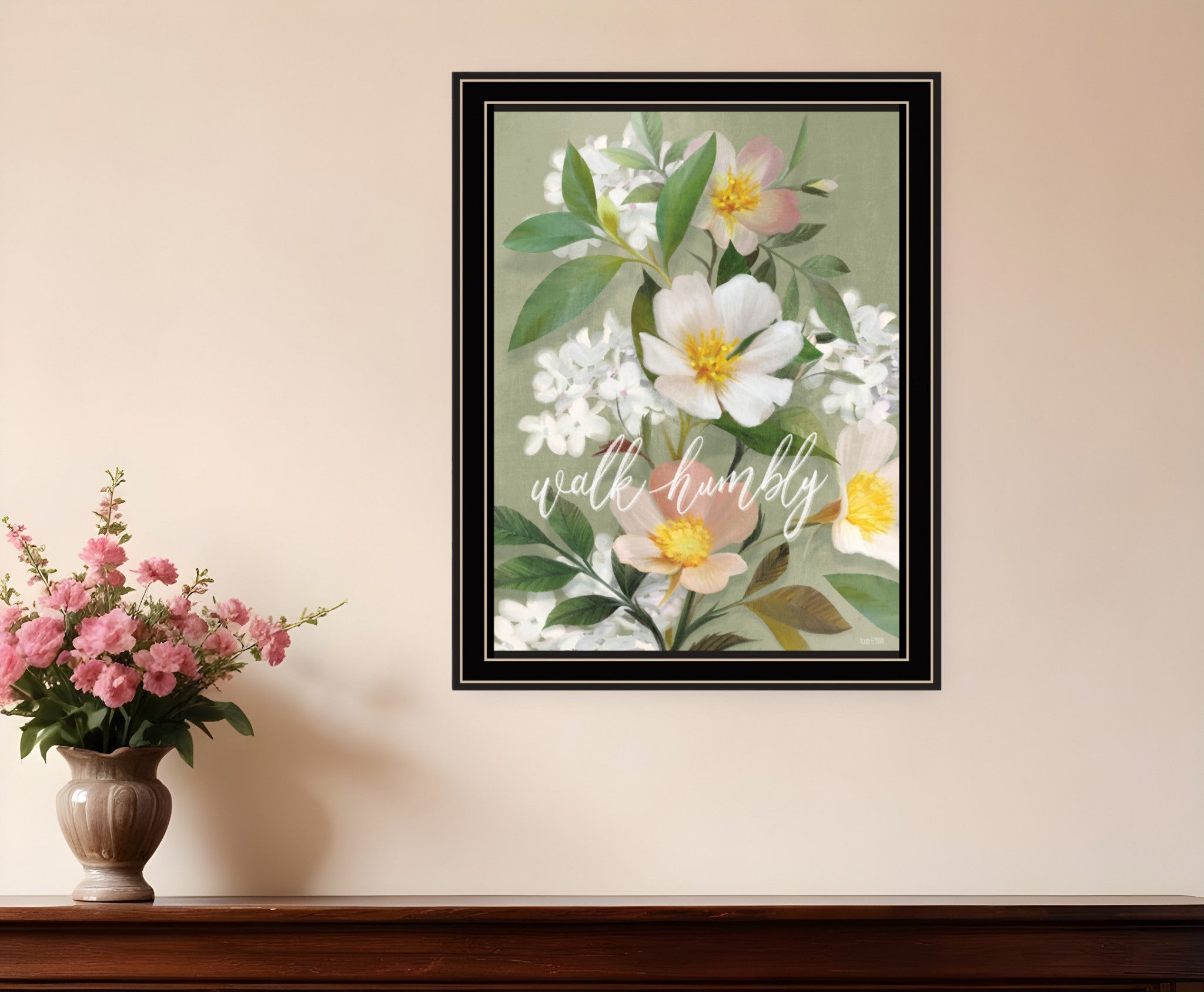 Walk Humbly Floral 1 Black Framed Print Wall Art