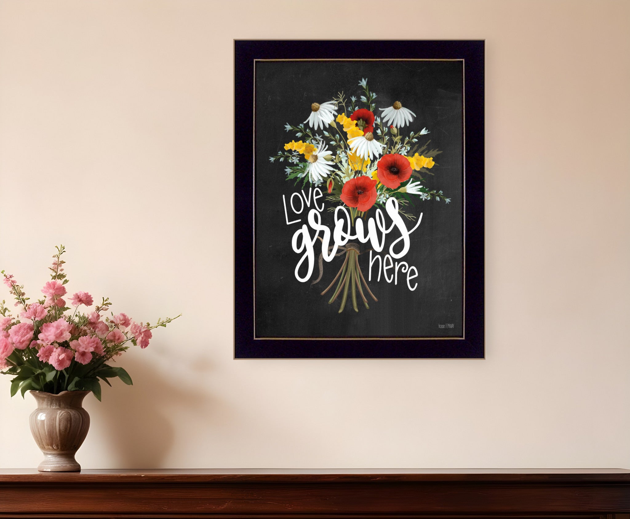 Love Grows Here 1 Black Framed Print Wall Art