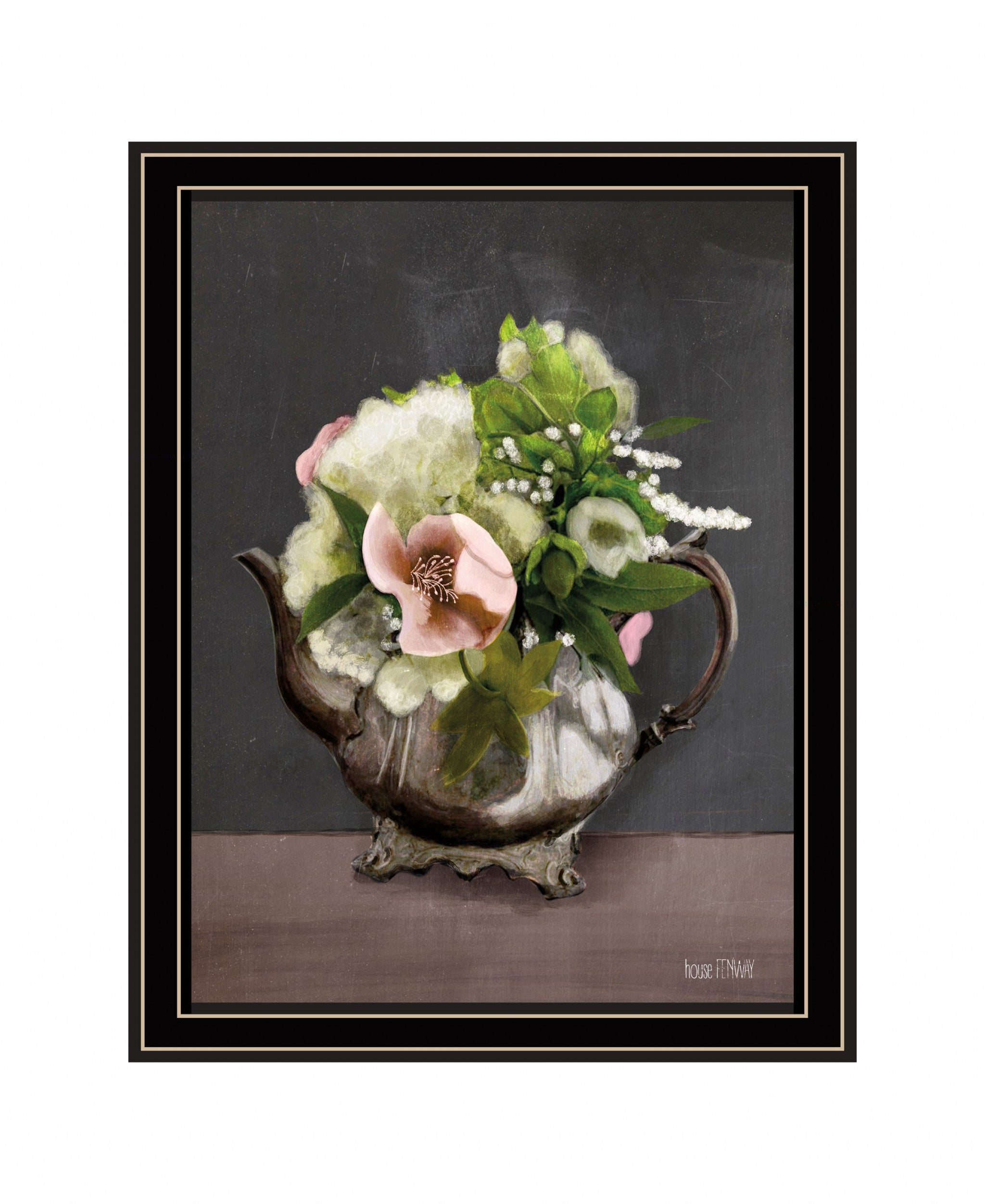 Vintage Floral Tea Pot 2 Black Framed Print Kitchen Wall Art