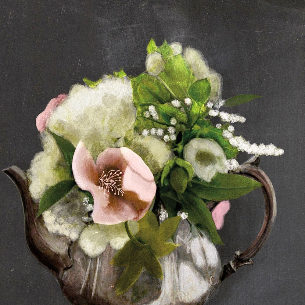 Vintage Floral Tea Pot 2 Black Framed Print Kitchen Wall Art