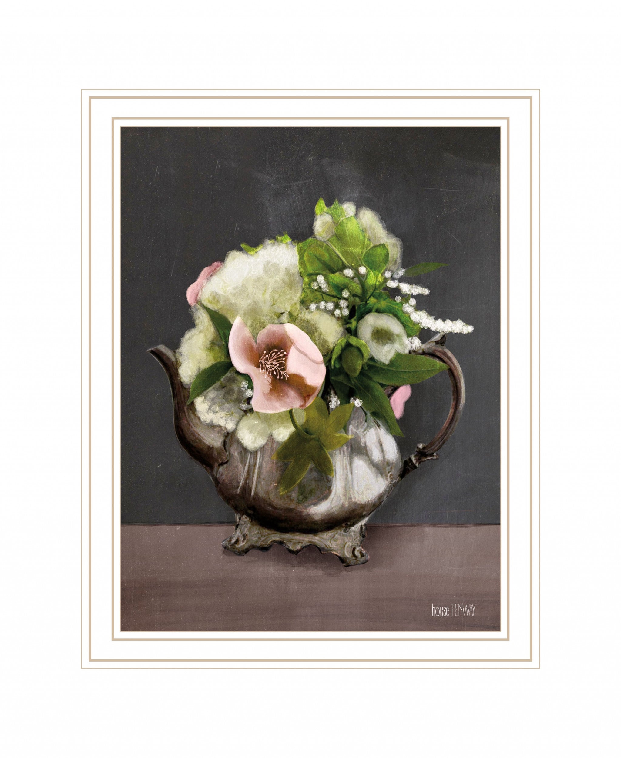 Vintage Floral Tea Pot 3 White Framed Print Kitchen Wall Art