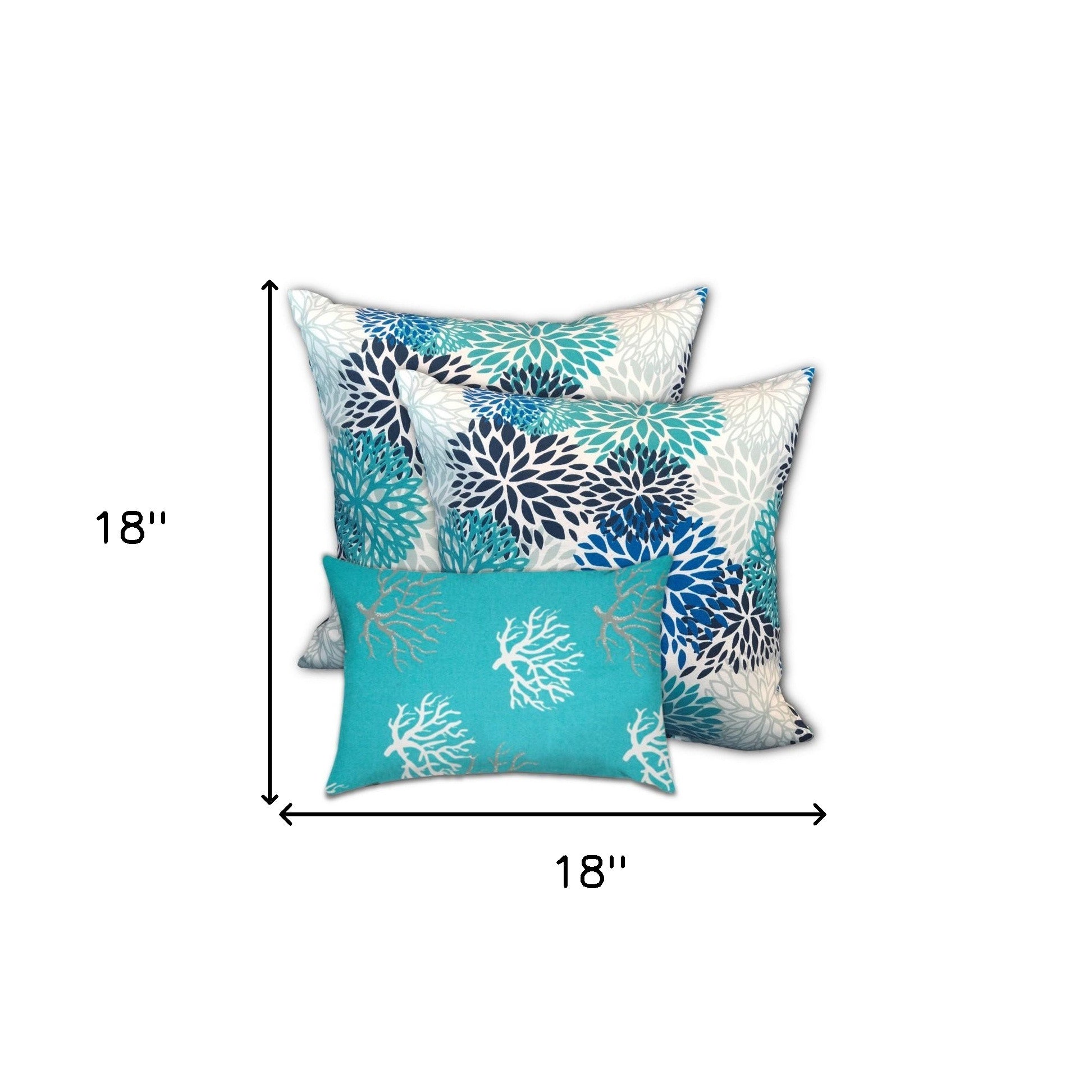 Set Of Three 18" X 18" Blue And White Blown Seam Coastal Throw Indoor Outdoor Pillow