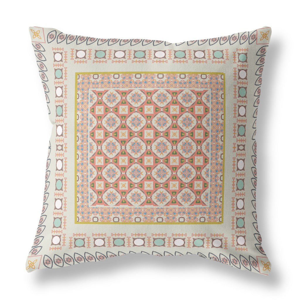 16" X 16" Off White And Orange Floral Zippered Suede Throw Pillow