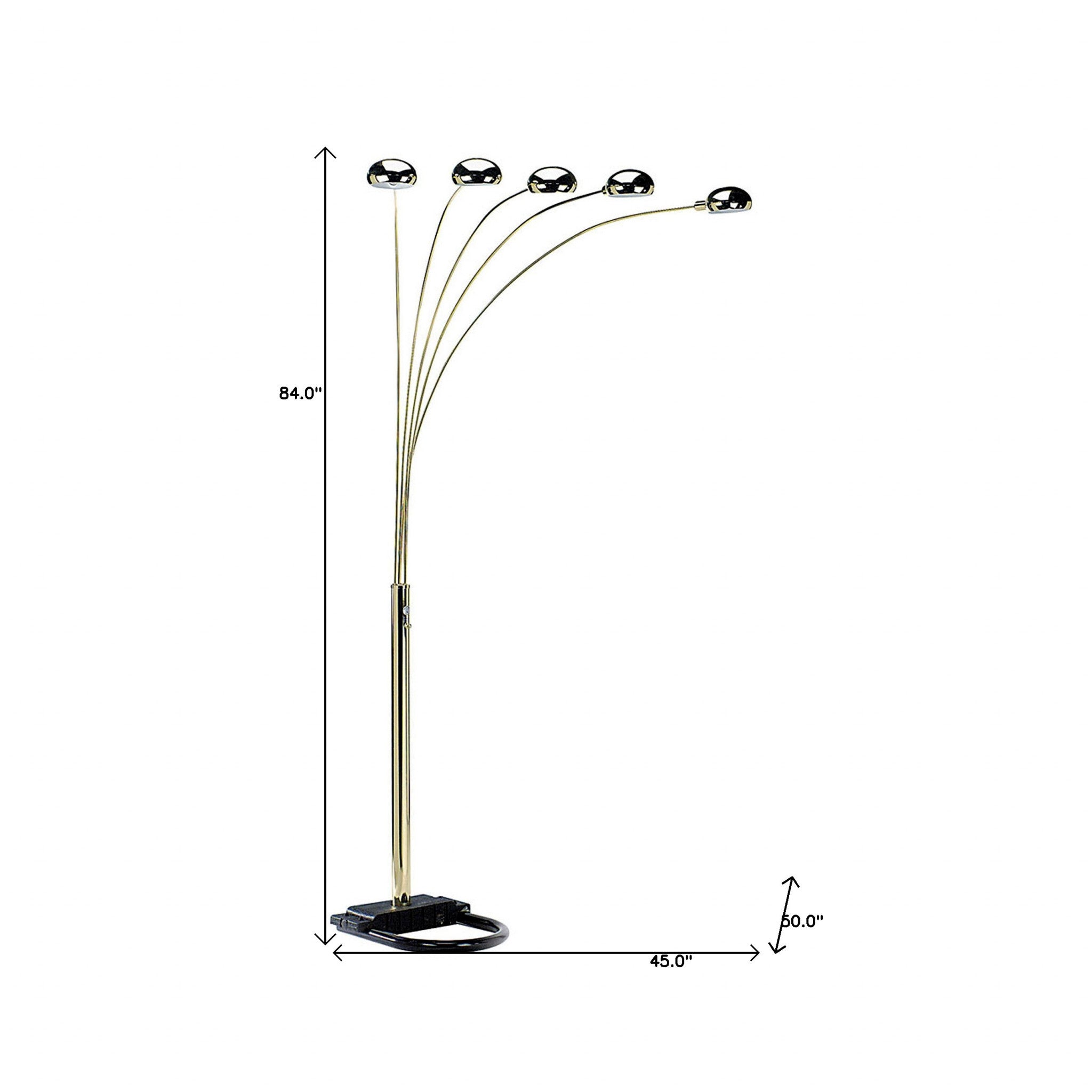 84" Brass Five Light Arc Floor Lamp With Brass Metal Dome Shade