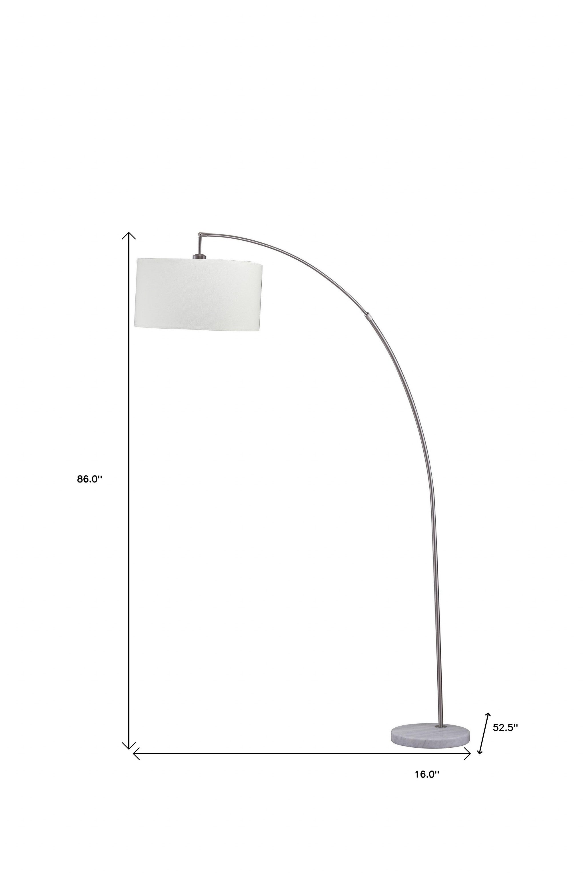 86" White And Silver Arc Floor Lamp With White Drum Shade