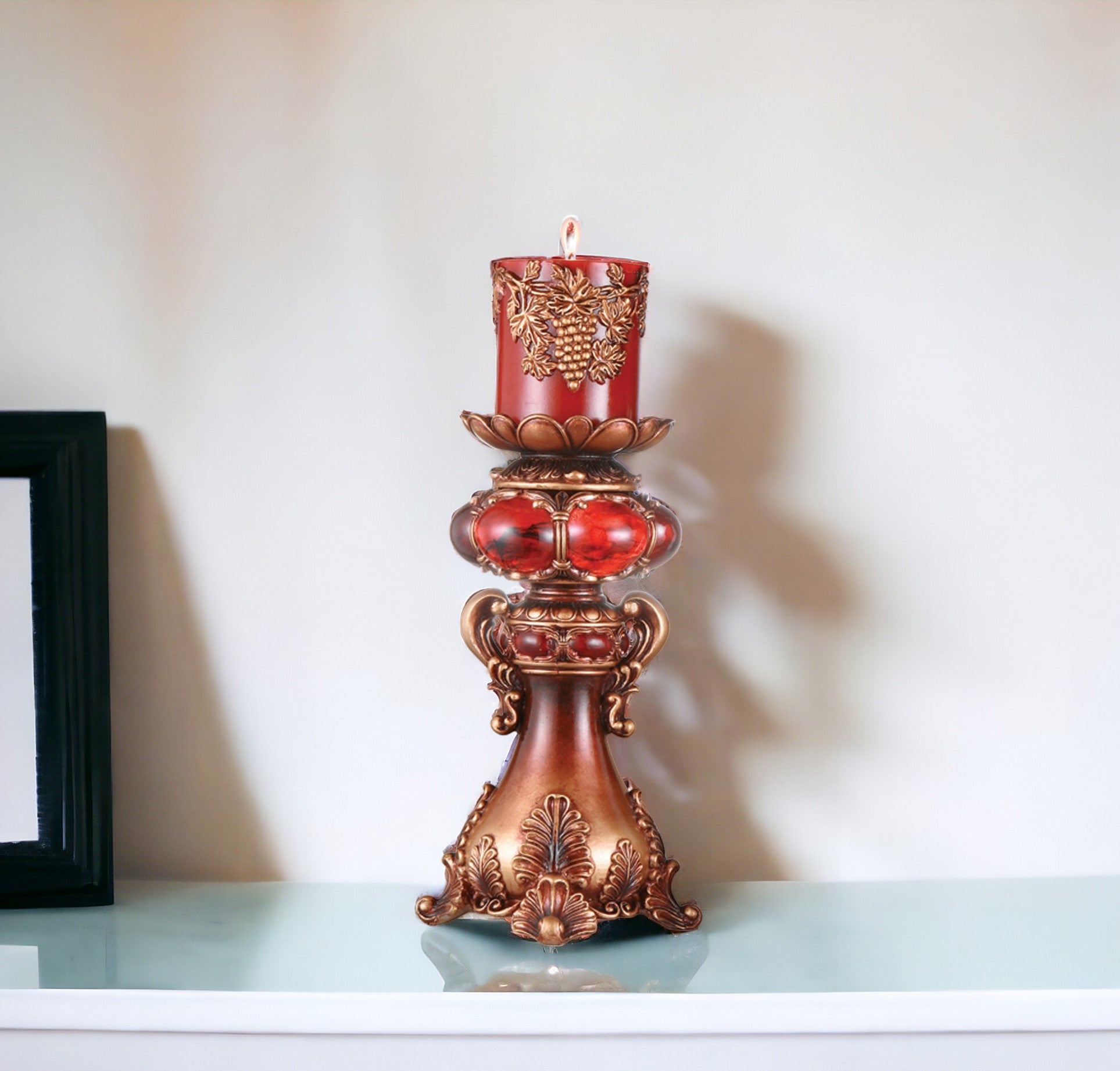 16" Tall Red and Brown Faux Marble Candle Holder with Candle