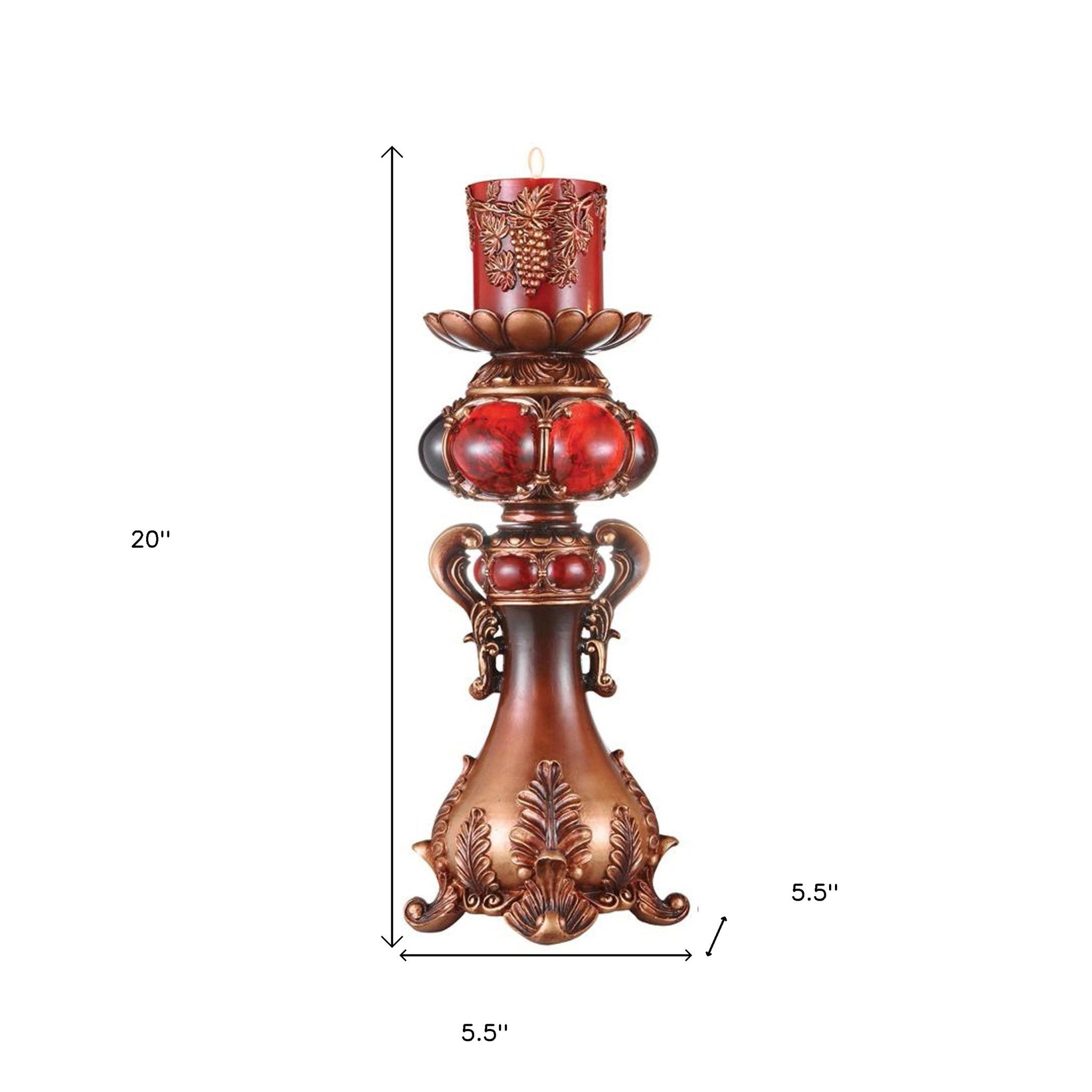 20" Brown and Red Faux Marble Tabletop Candle Holder and Candle