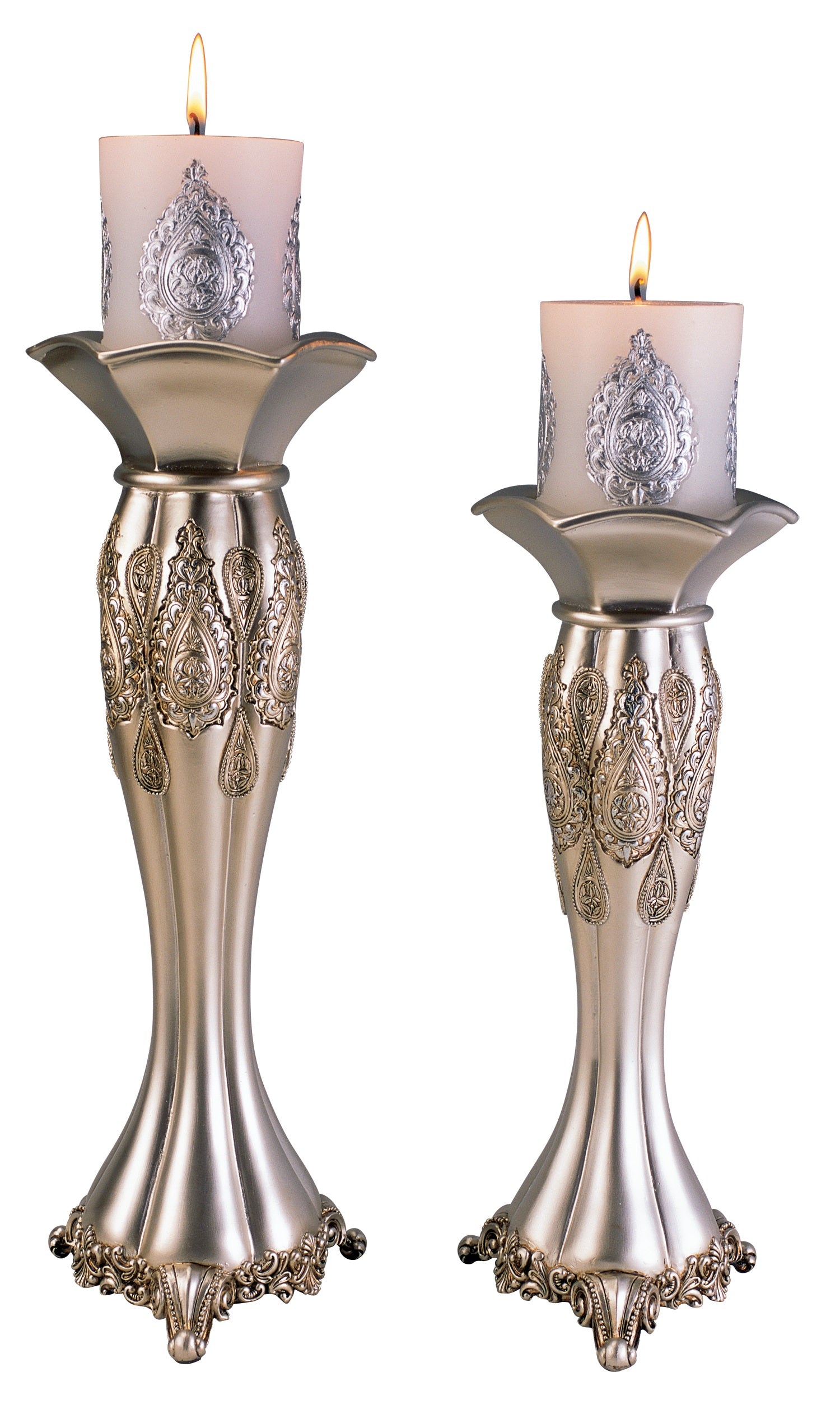 Set of Two Silver Metallic Polyresin Ornate Tabletop Pillar Candle Holders With Candle