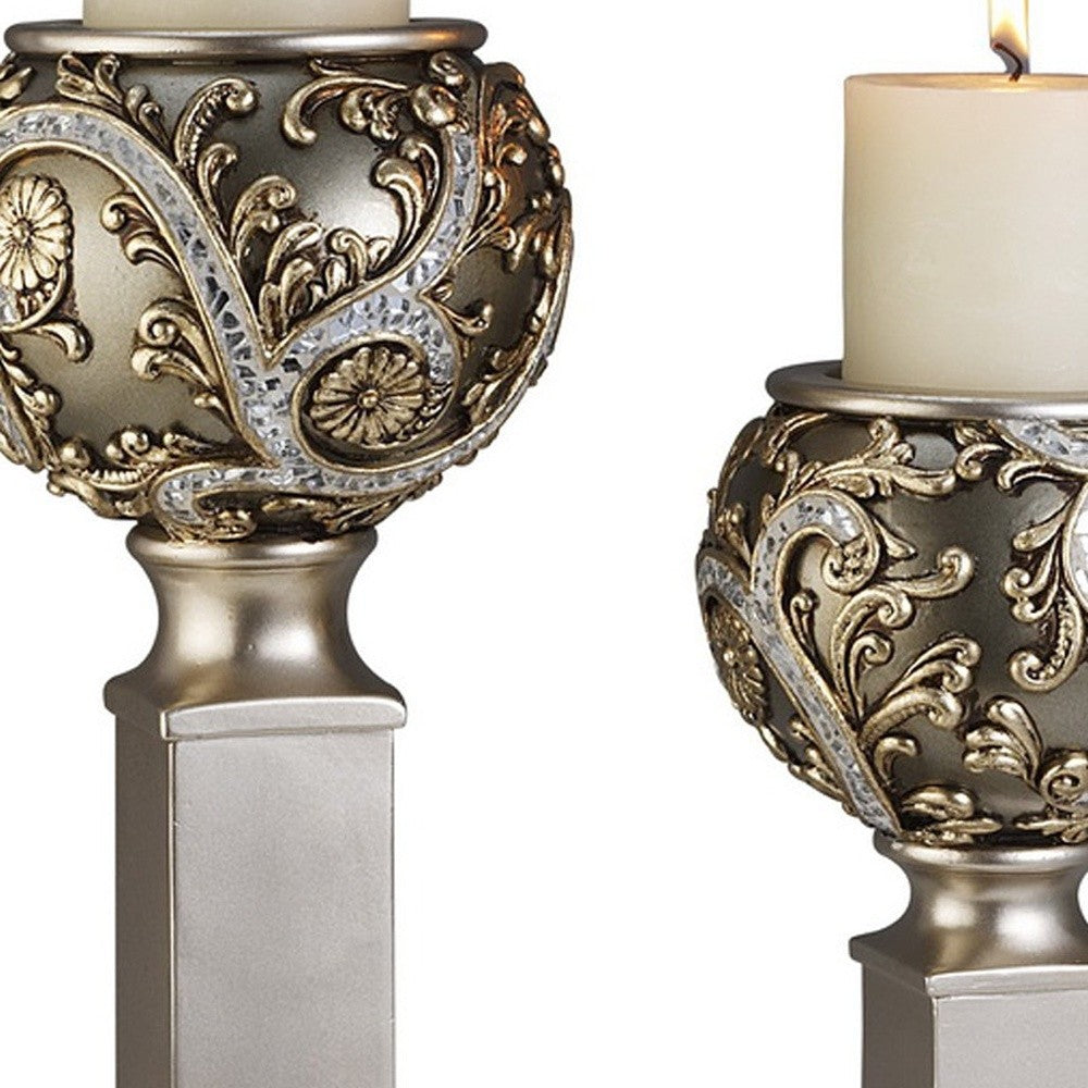 Set of Two Silver Polyresin Filigree Tabletop Pillar Candle Holders With Candle