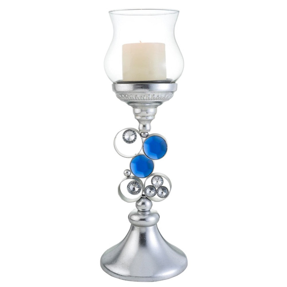 18" Silver and Blue Faux Crystal Bling Hurricane Candle Holder