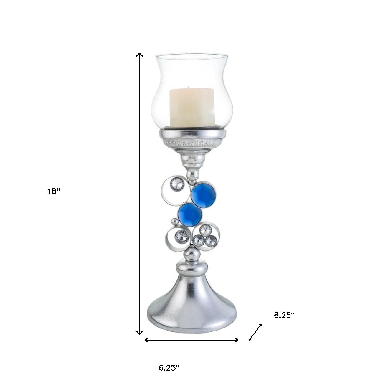 18" Silver and Blue Faux Crystal Bling Hurricane Candle Holder