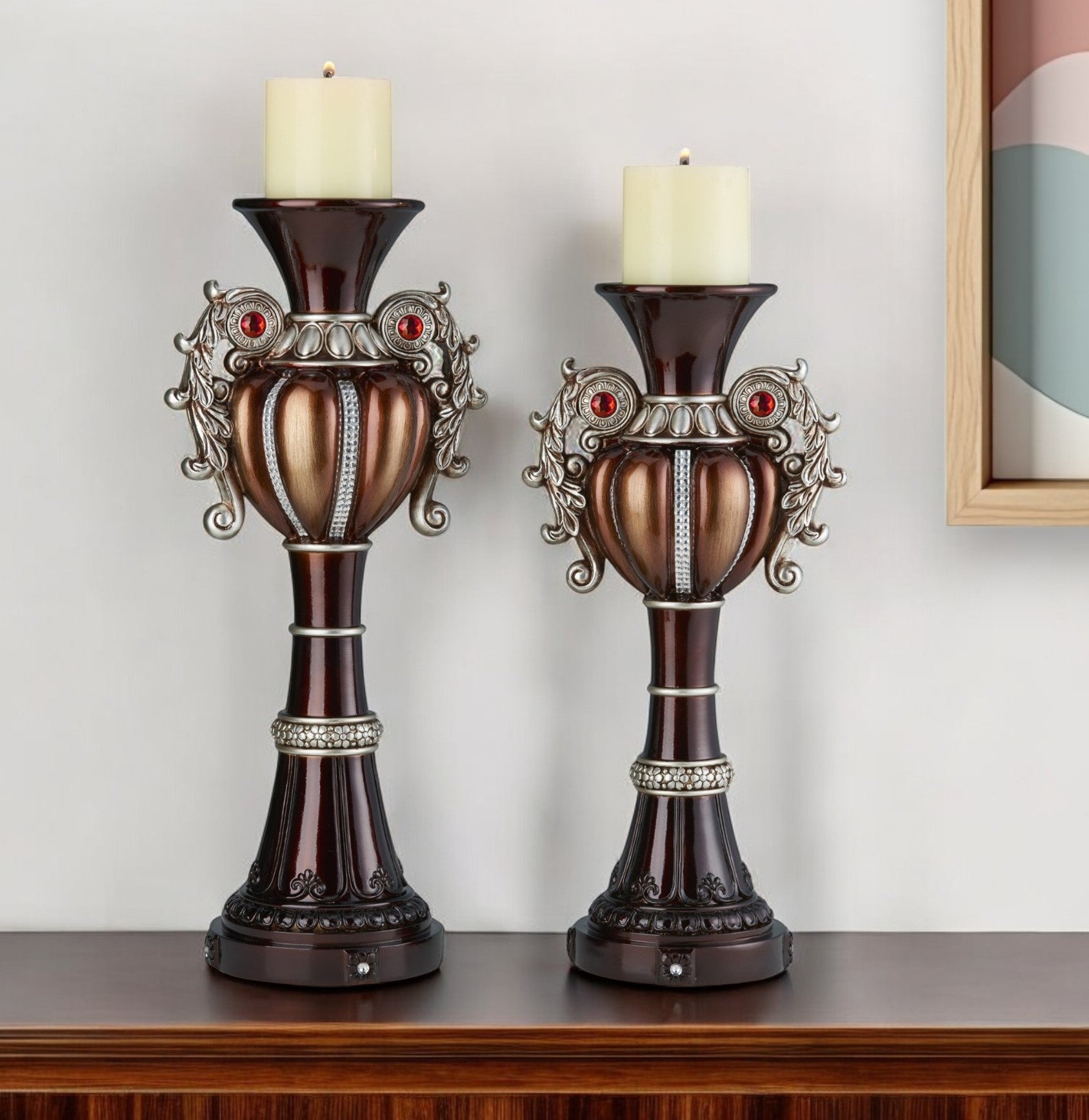 Set Of Two Bronze Tabletop Urn Shape Pillar Candle Holders