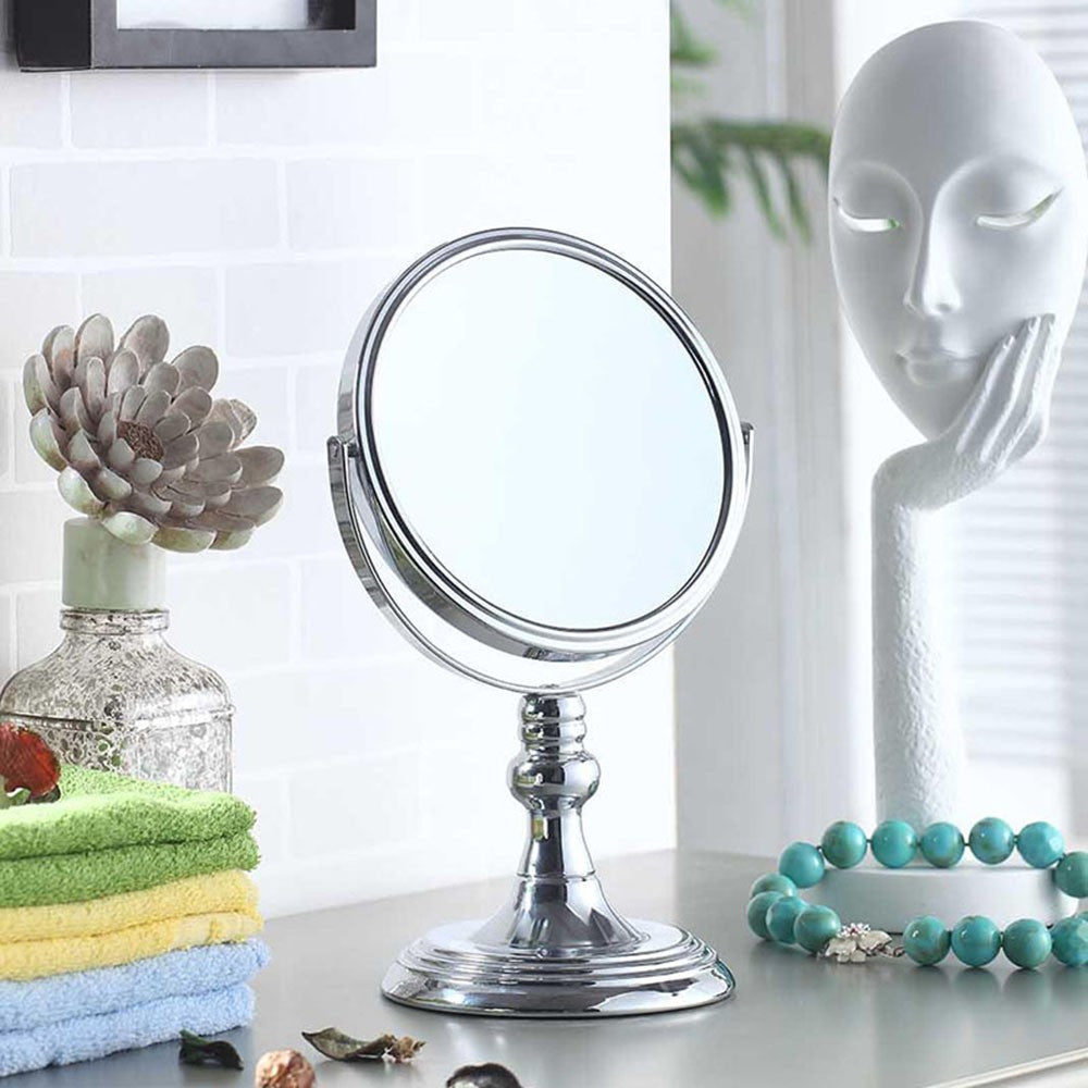 Silver Round Makeup Shaving Tabletop Metal Mirror