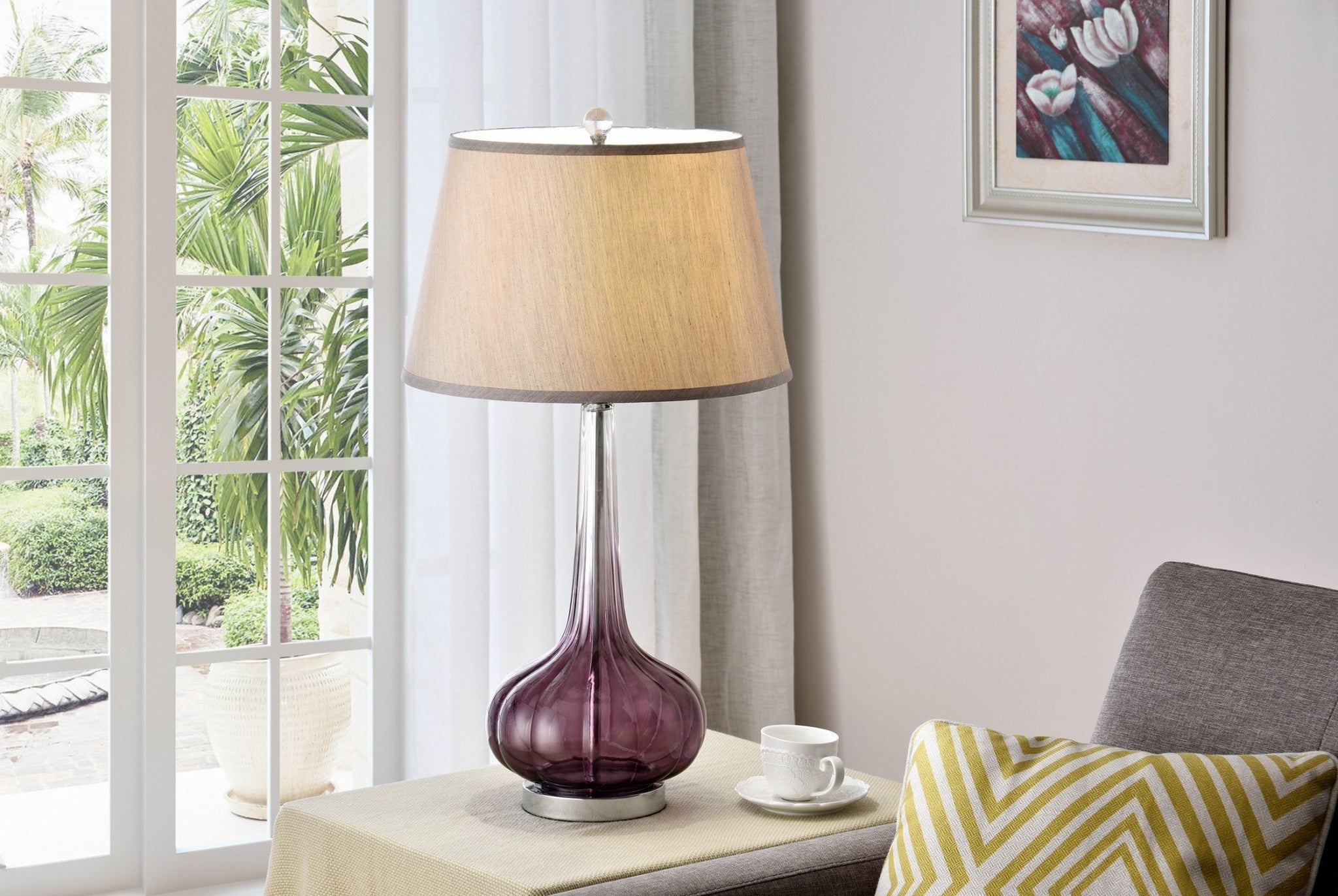 30" Purple Ombre Glass Table Lamp with Beige Shade