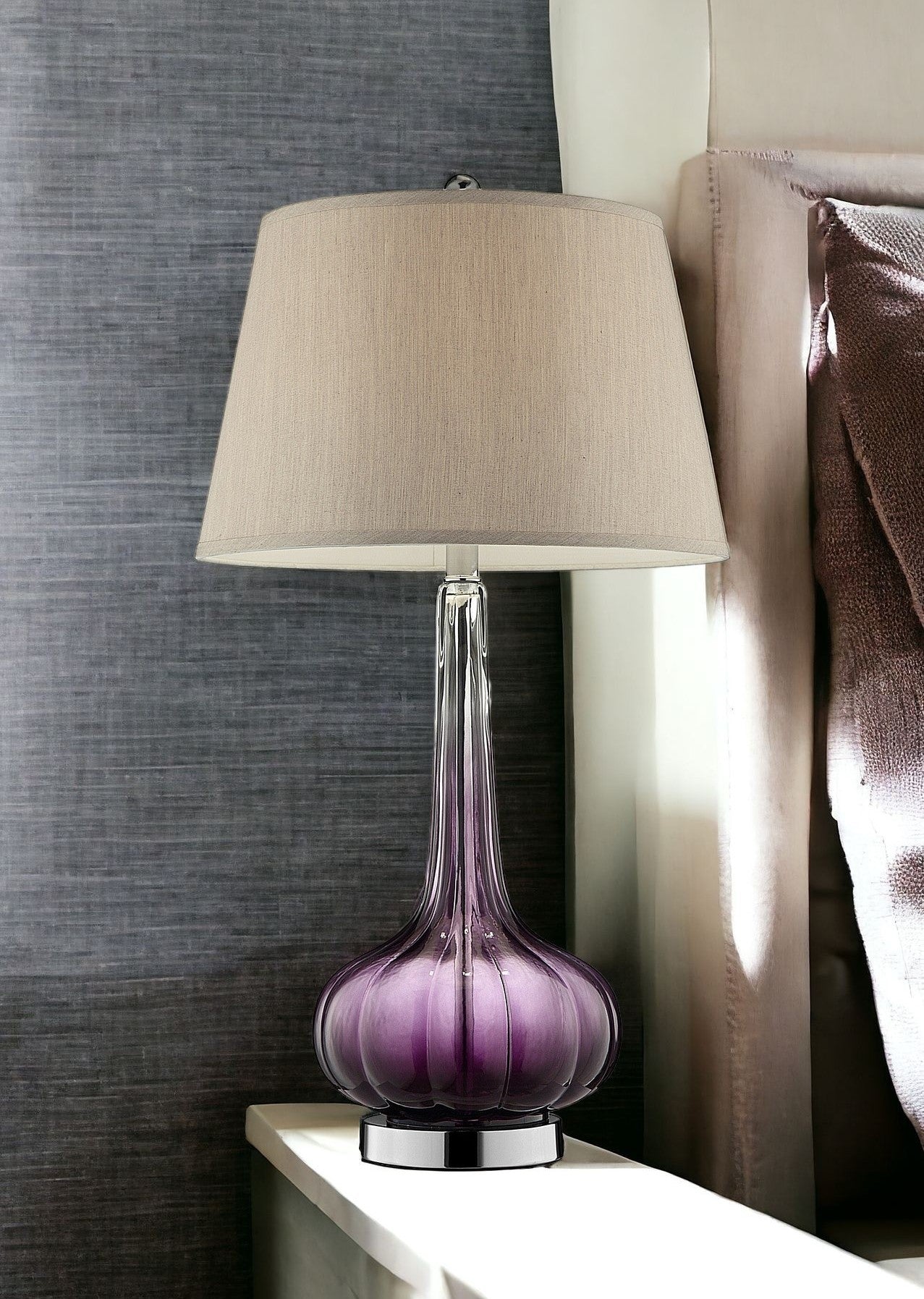 30" Purple Ombre Glass Table Lamp with Beige Shade