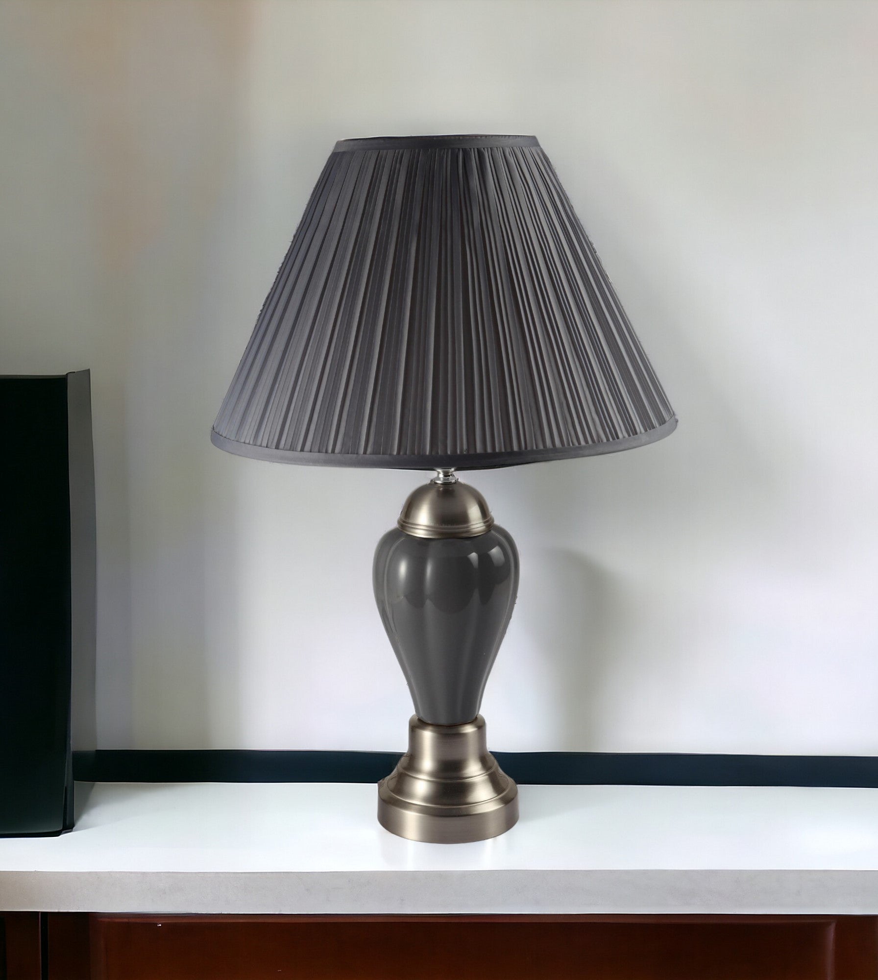 27" Gray and Silver Metal Urn Table Lamp With Gray Empire Shade