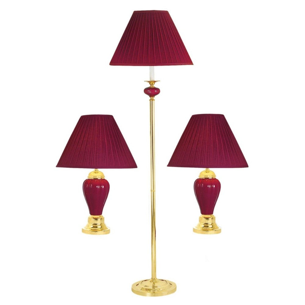 Set Of Three 64" Gold Ceramic Bedside Floor and Table Lamp Set With Red Empire Shade