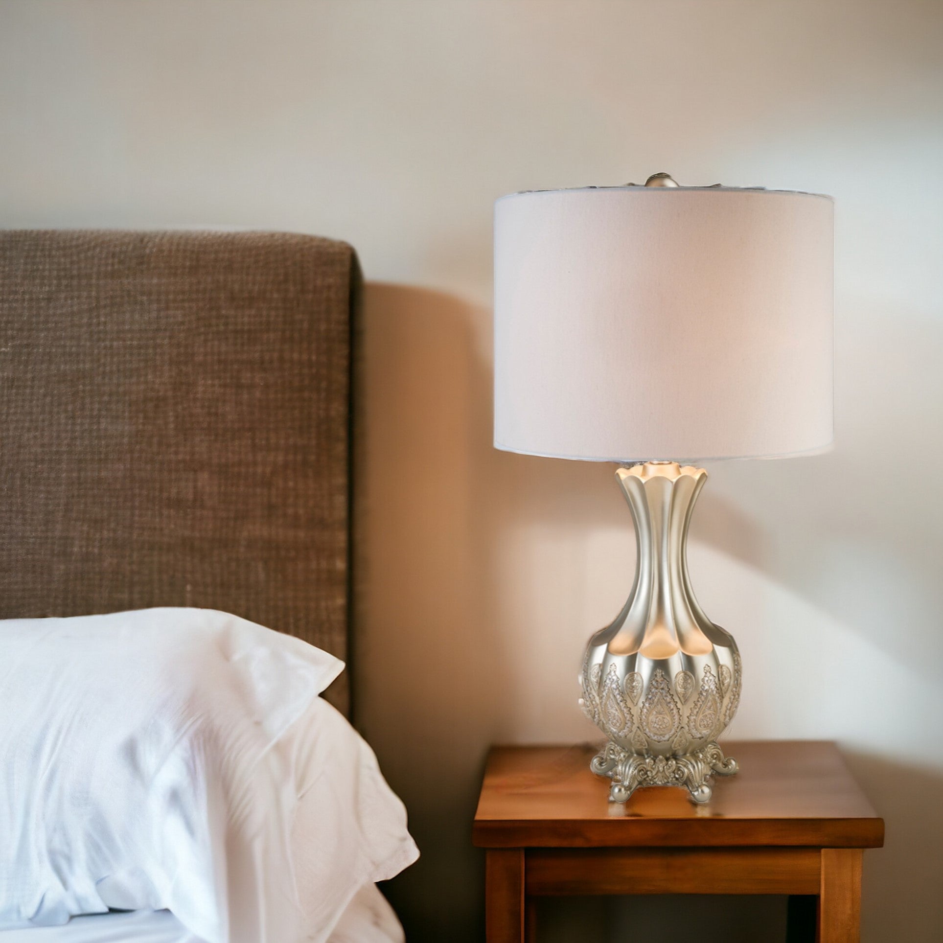 Elegant Silver Table Lamp With White Linen Lamp Shade