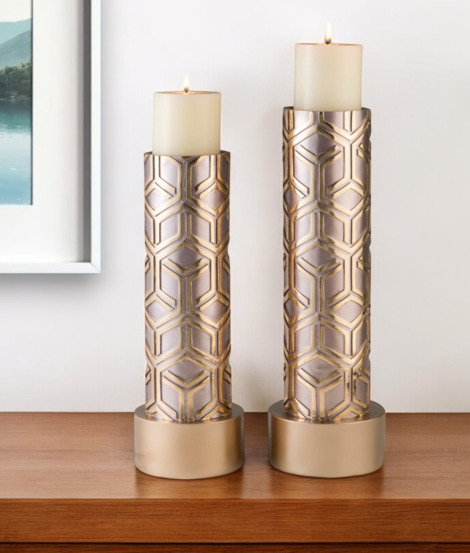 Set Of Two Gold Tabletop Pillar Candle Holders